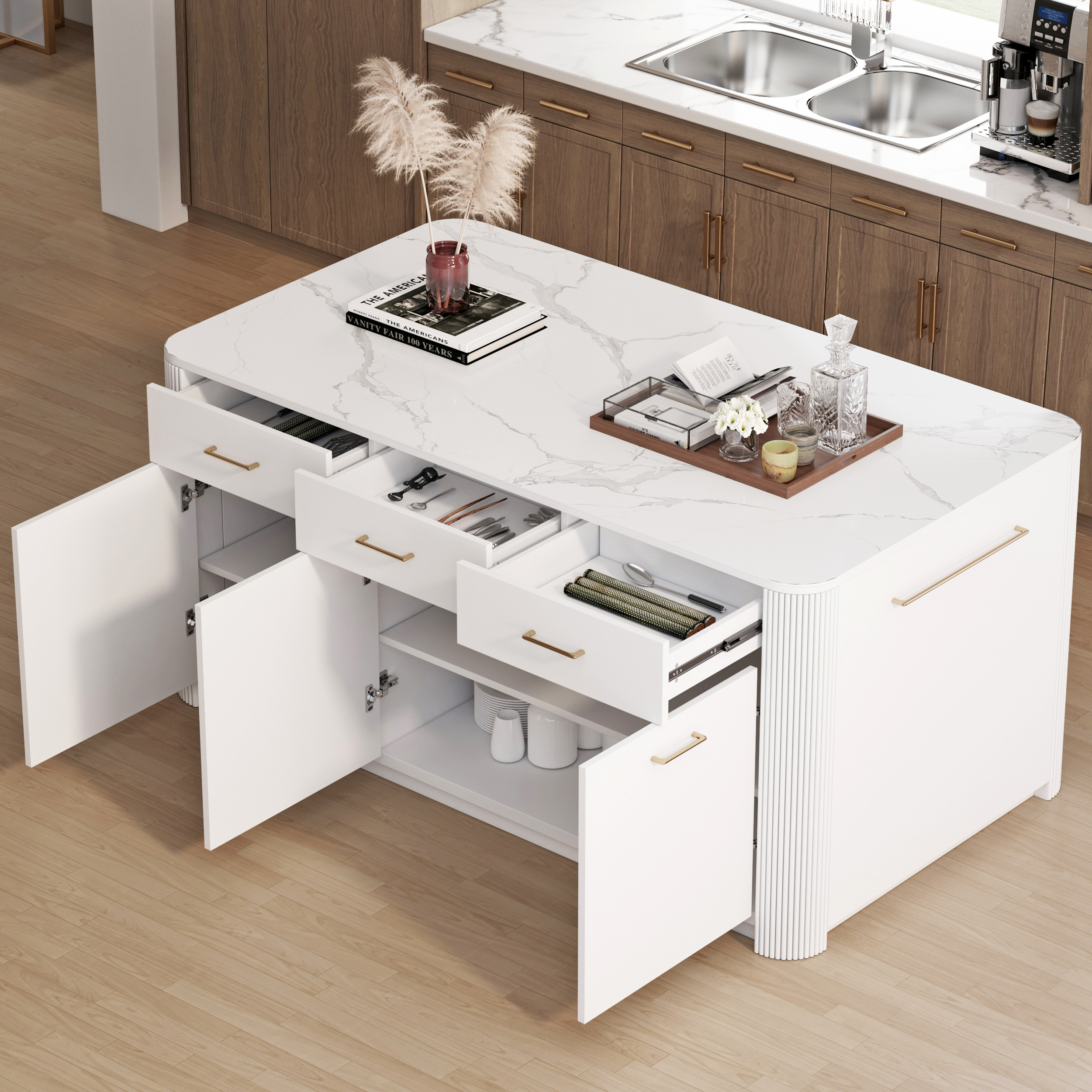 70.9" Modern Sintered Stone Kitchen Island with Adjustable Storage & Towel Rack