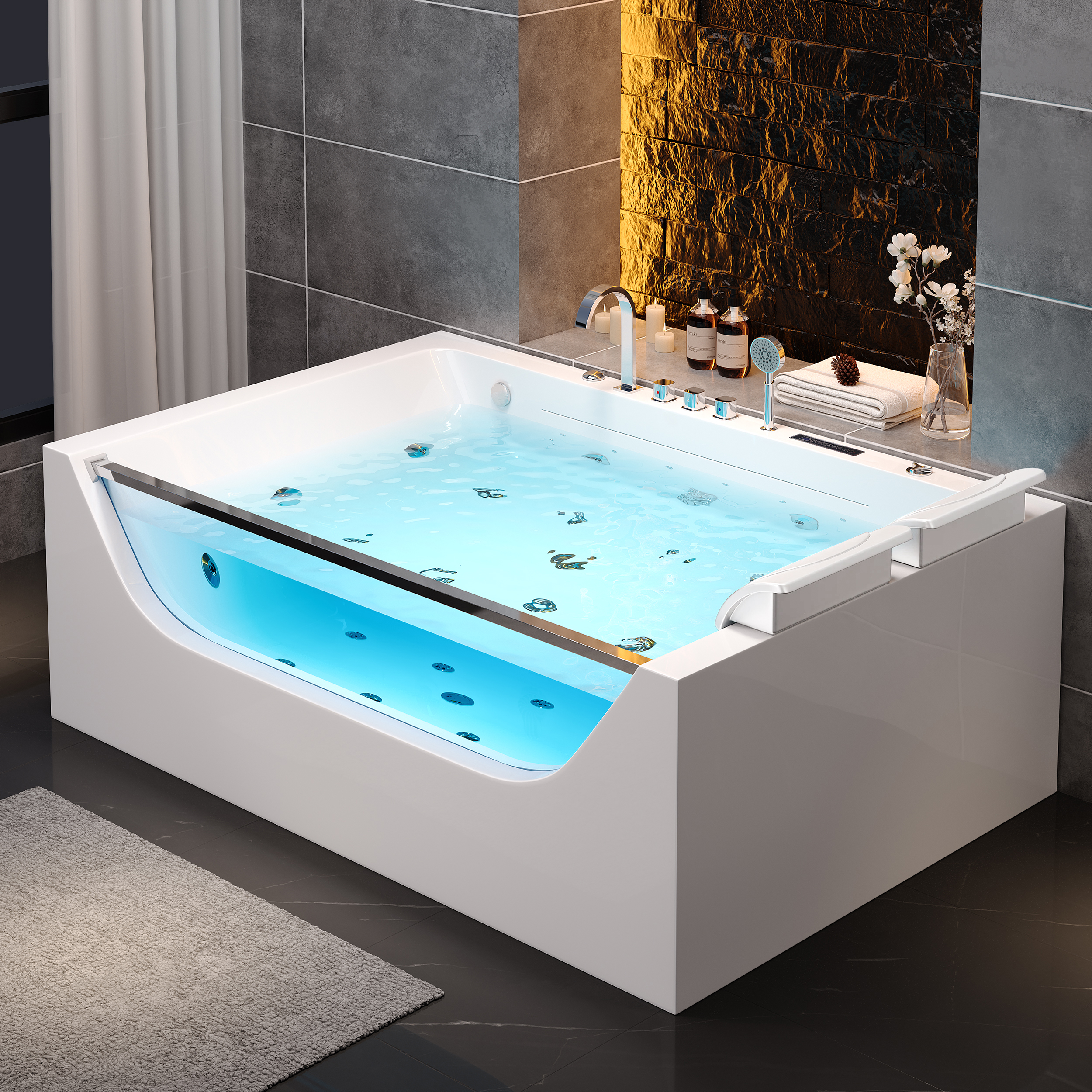 70.8" Rectangle Jacuzzi Bathtub Acrylic Jetted Massage Whirlpool Water with Thermostat