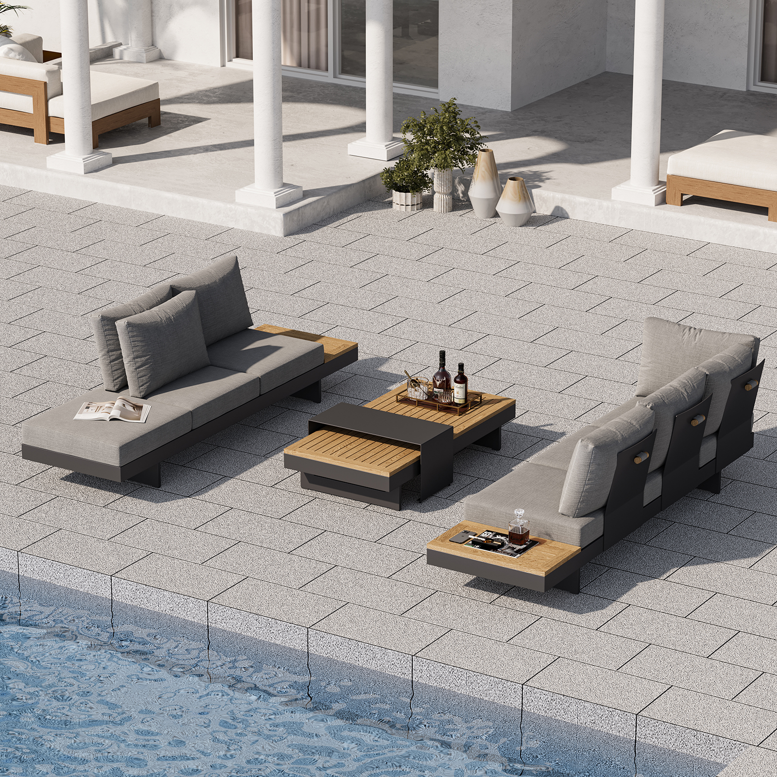 4 PCS Modular L Shaped Outdoor Sectional Sofa Set with Covers Modern Yard & Patio Furniture for 6 Person in Gray Cushion & Pillow Included