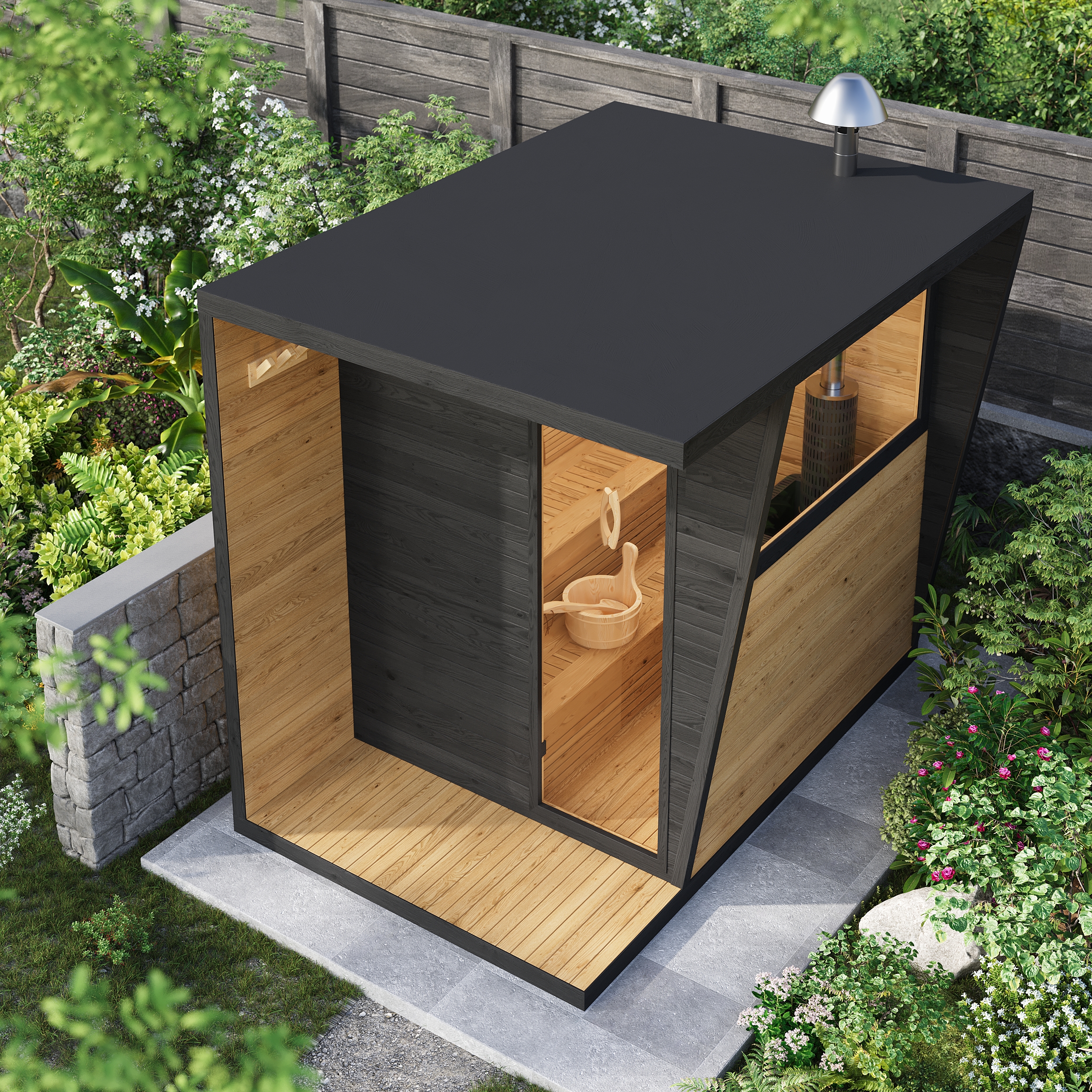 4 Person Wooden Outdoor Steam Sauna Room Square Sauna Outside Room