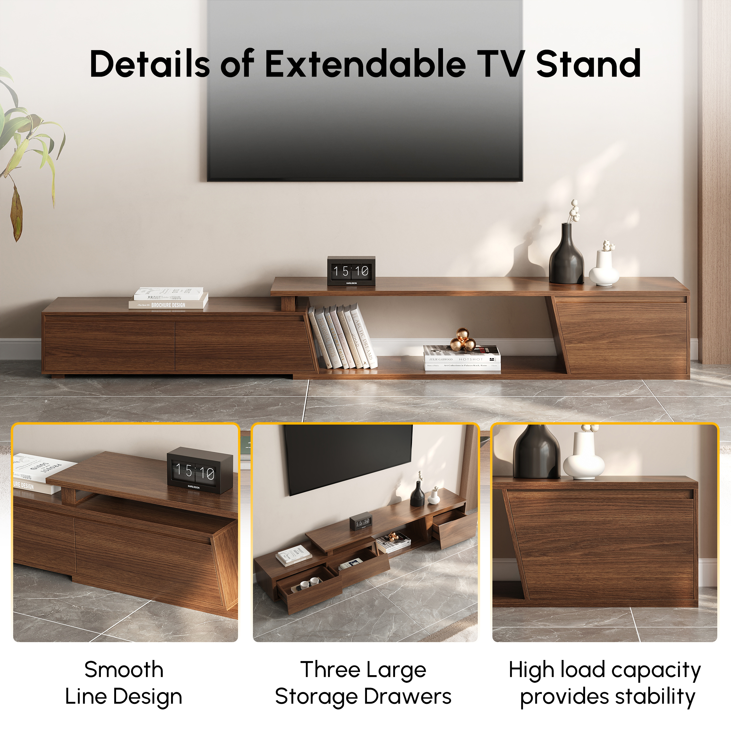 Mobile TV Estensibile 240 Cm Con LED, 3 Cassetti, In Legno, Per TV 65 Pollici, Moderno Per Soggiorno E Camera, Colore Nero