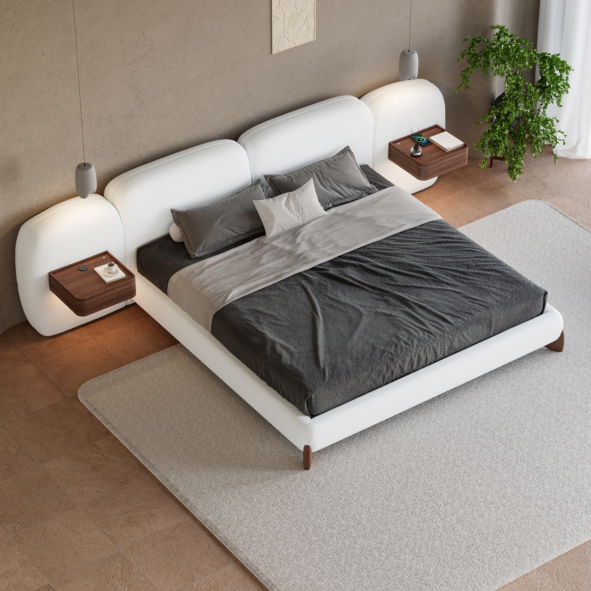 King Size Curva Boucle Upholstered Bed Frame with Extended Headboard & Floating Smart Nightstand Set