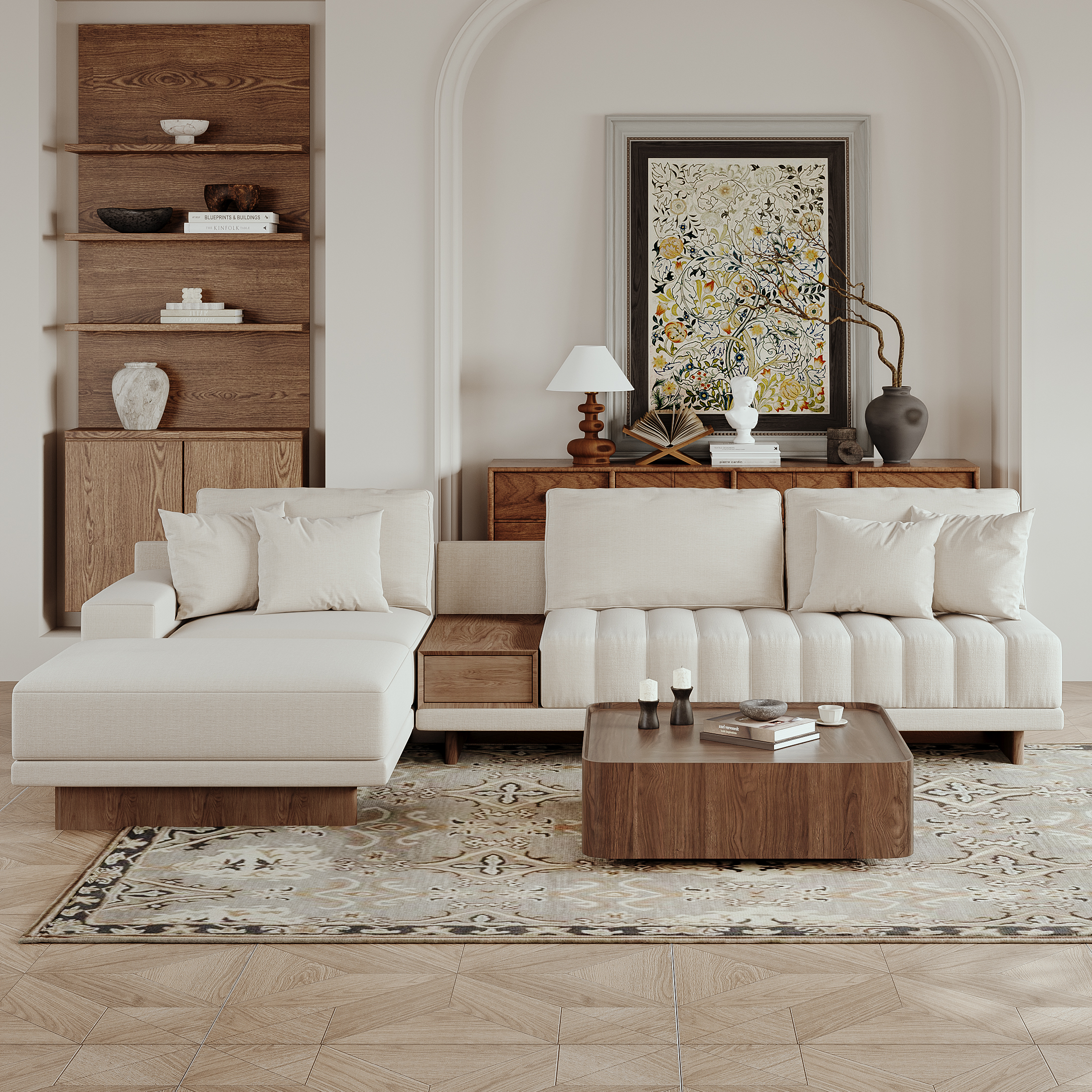 126" L-Shaped Modular Cotton-Linen Sectional Sofa Set with Side Table and Ottoman & 35" Square Coffee