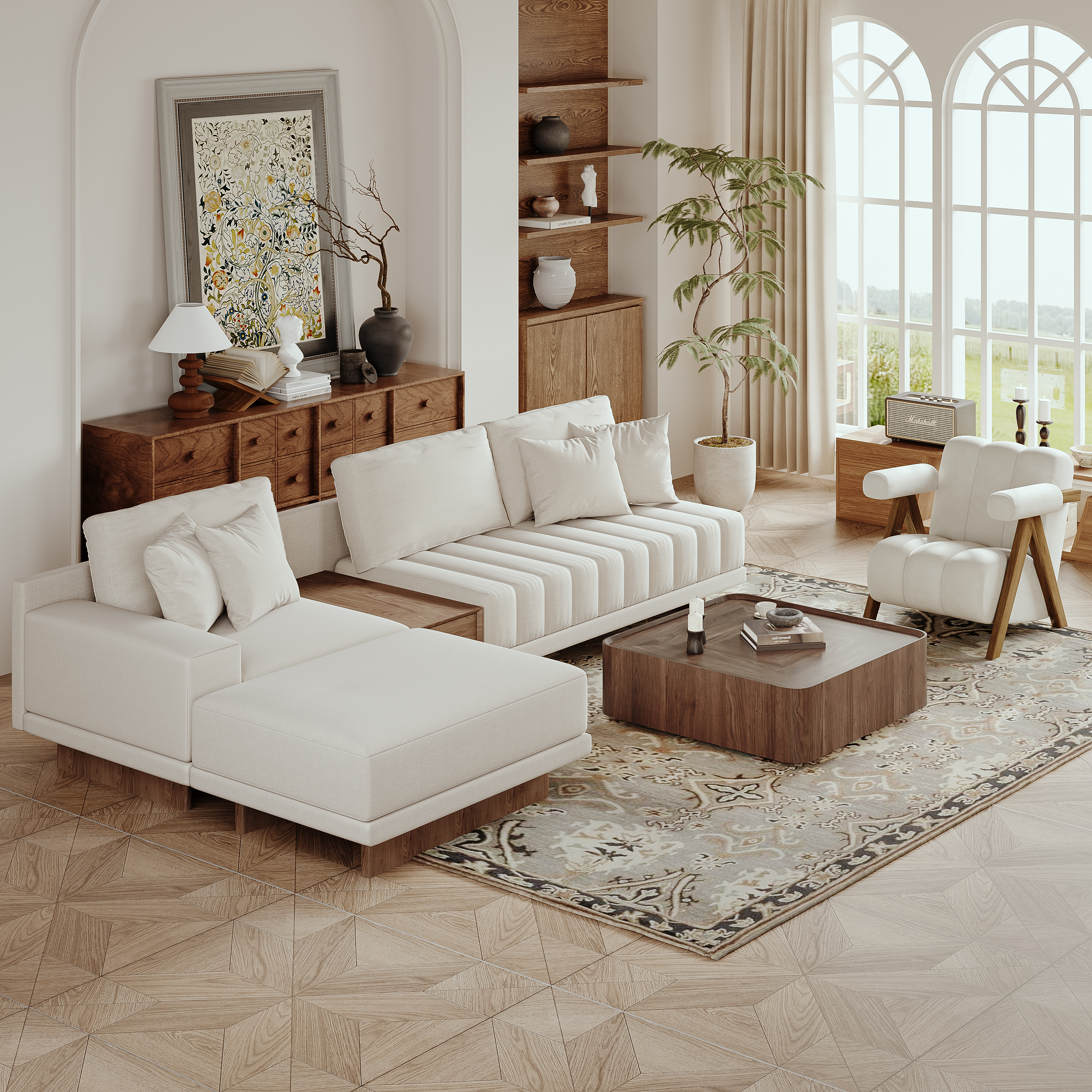 126" L-Shaped Modular Cotton-Linen Sectional Sofa Set with Side Table and Ottoman & 35" Square Coffee