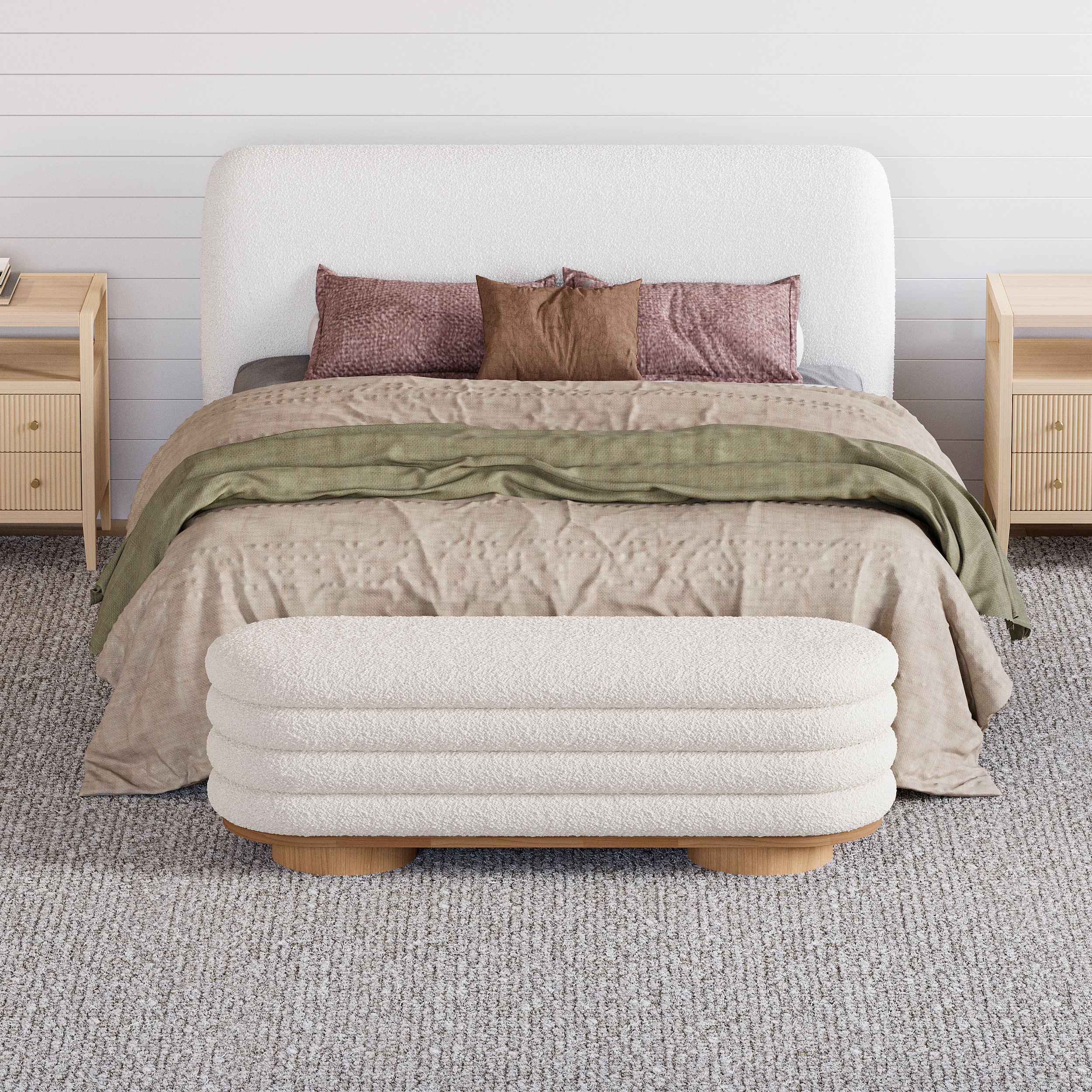 71"W Modern White Bedroom Storage Bench Boucle Upholstery with Wood Legs