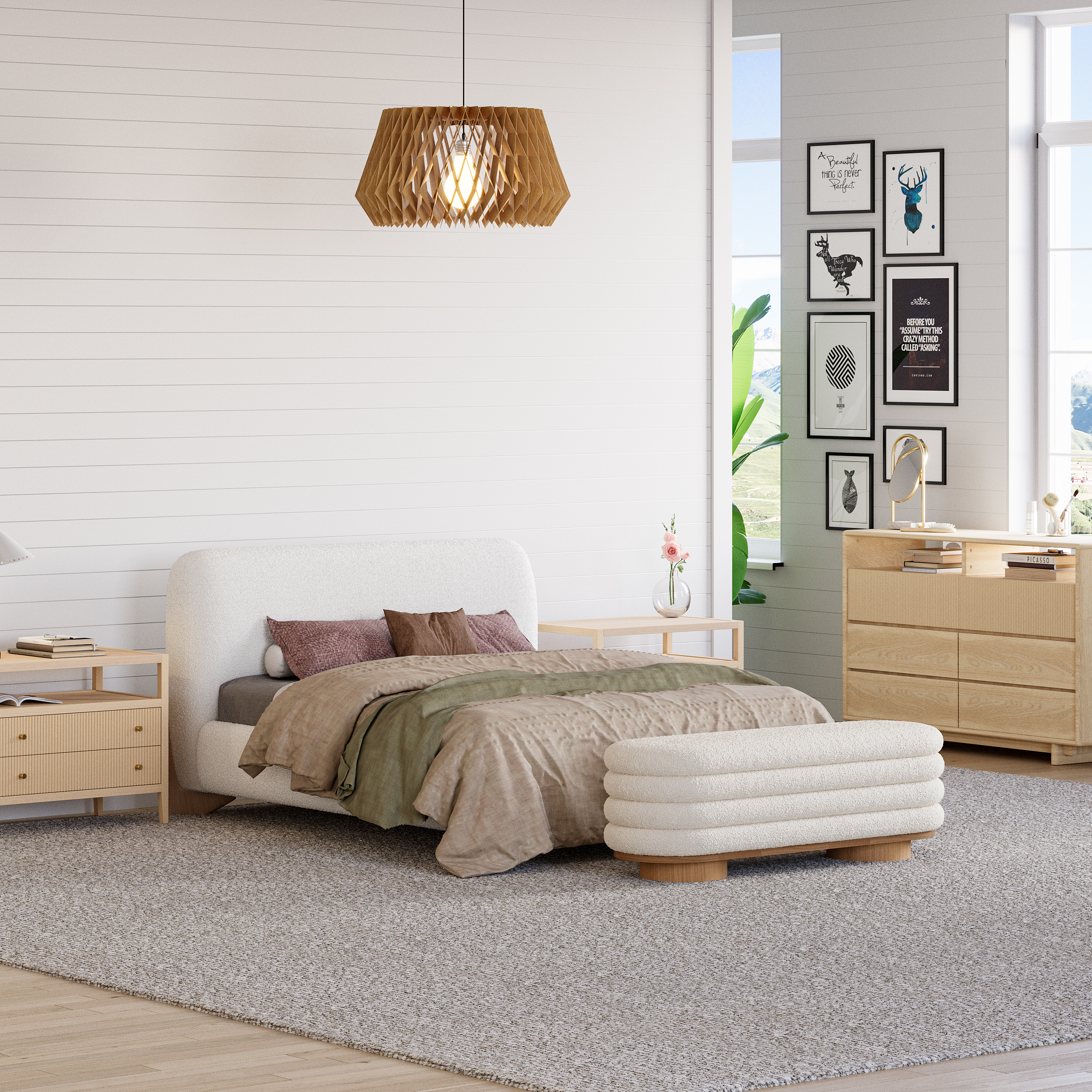 71"W Modern White Bedroom Storage Bench Boucle Upholstery with Wood Legs