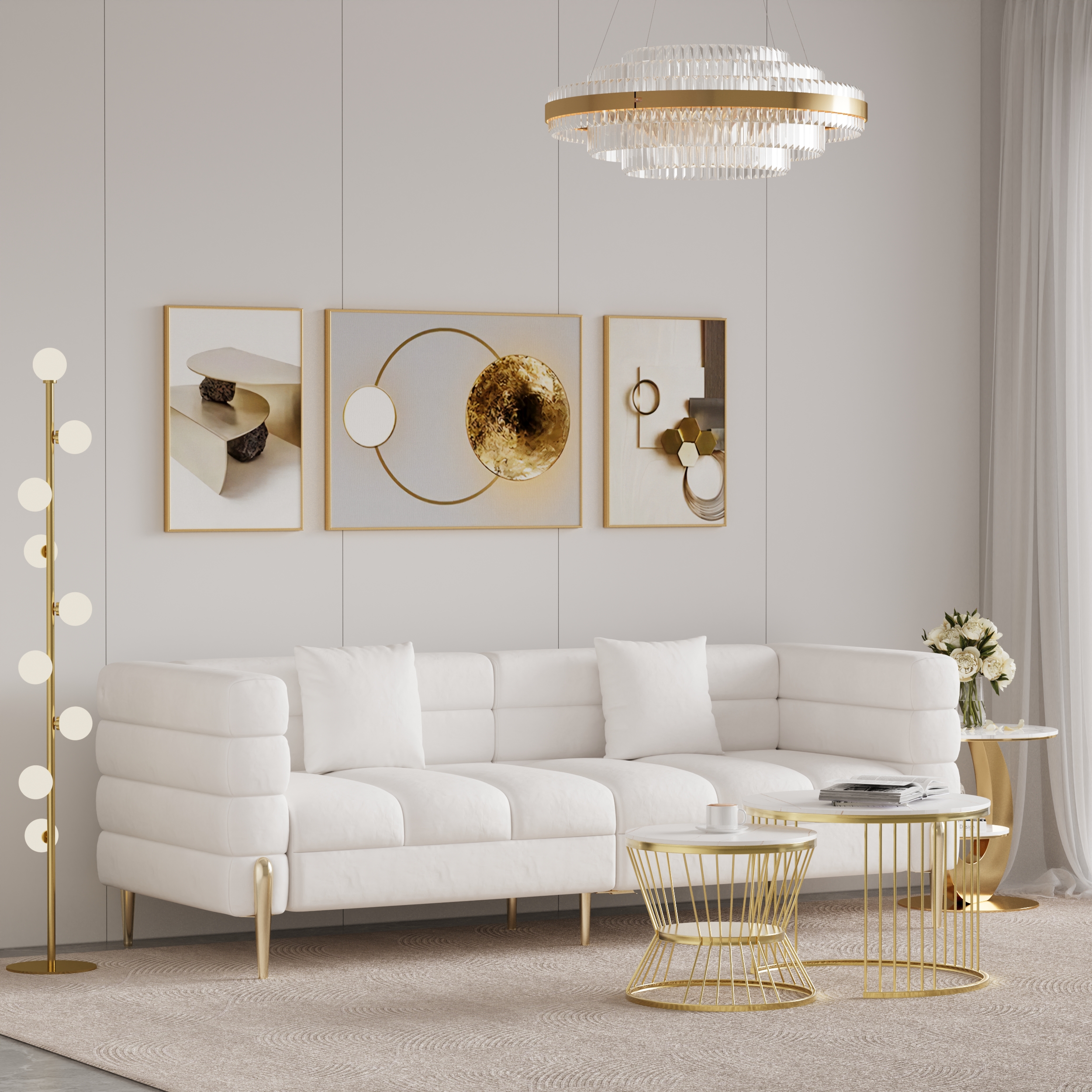 Round 2-Piece Nesting Set Sintered Stone Top White Coffee Table with Metal Frame 78.7" Modern White Leather Upholstered Fluted 3 Seater Sofa