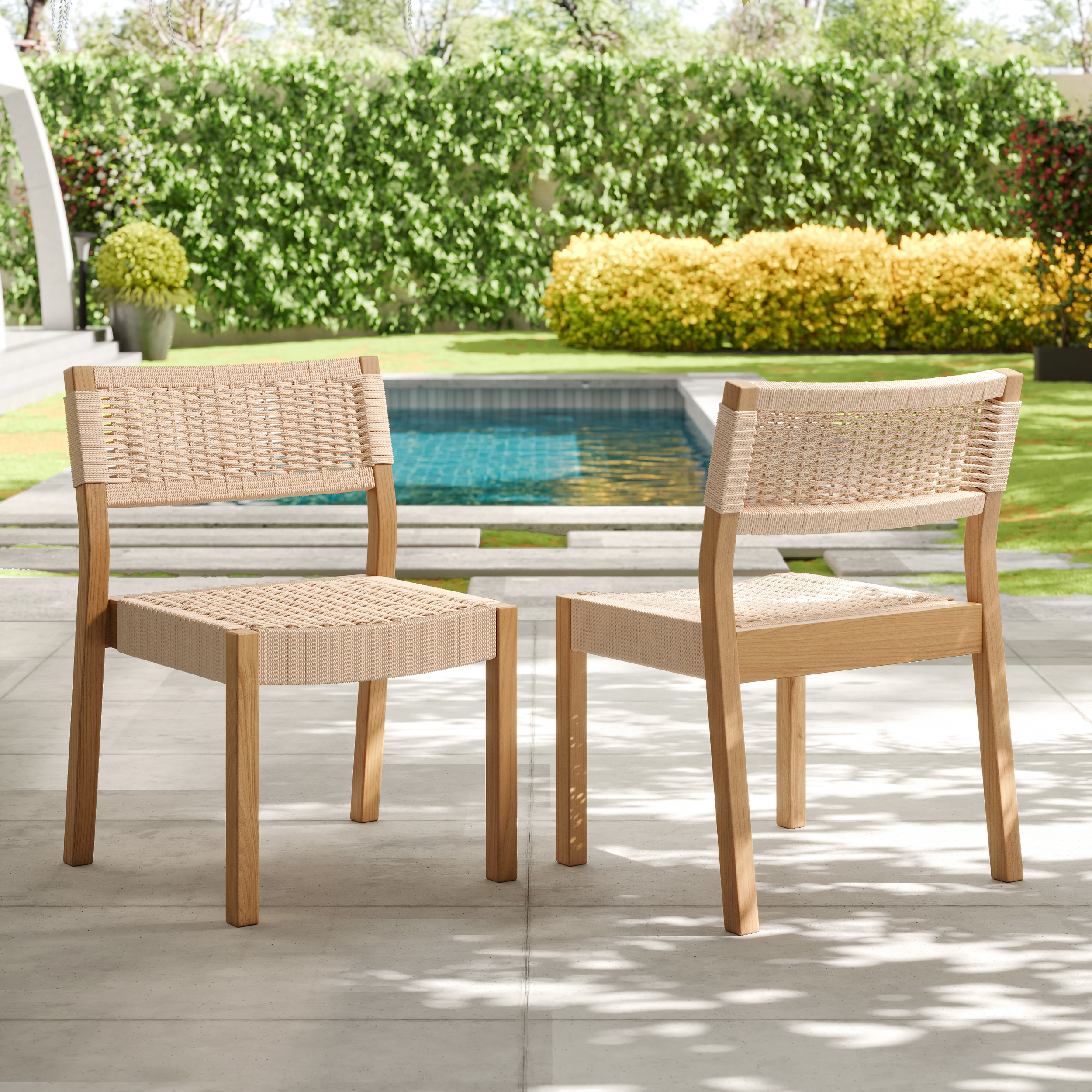 2 PCS Acacia Patio Outdoor Dining Chairs Woven Rope Yard Chairs in Natural  (Set of 2)  Max. Weight Capacity: 331 lb