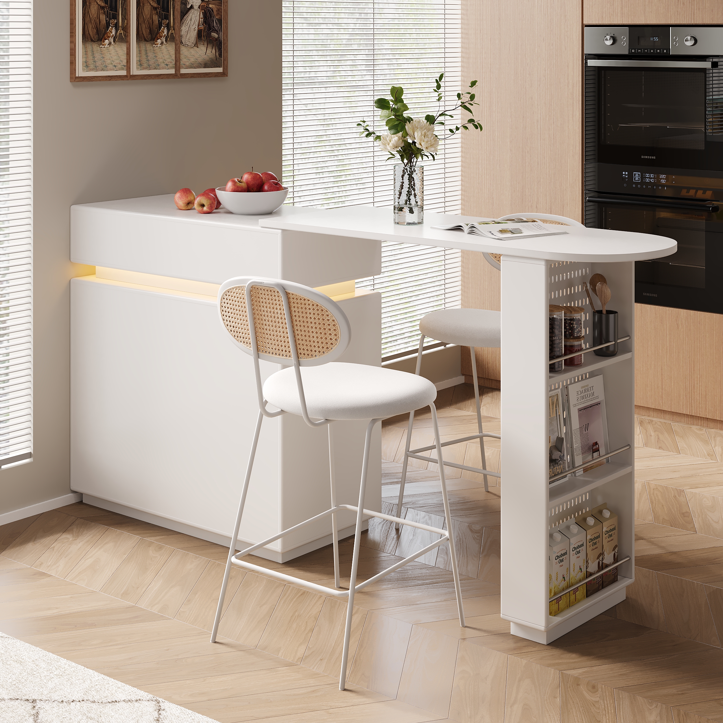 1290 mm moderne mattweiße Kücheninsel mit ausziehbarem Tisch und LED-Licht