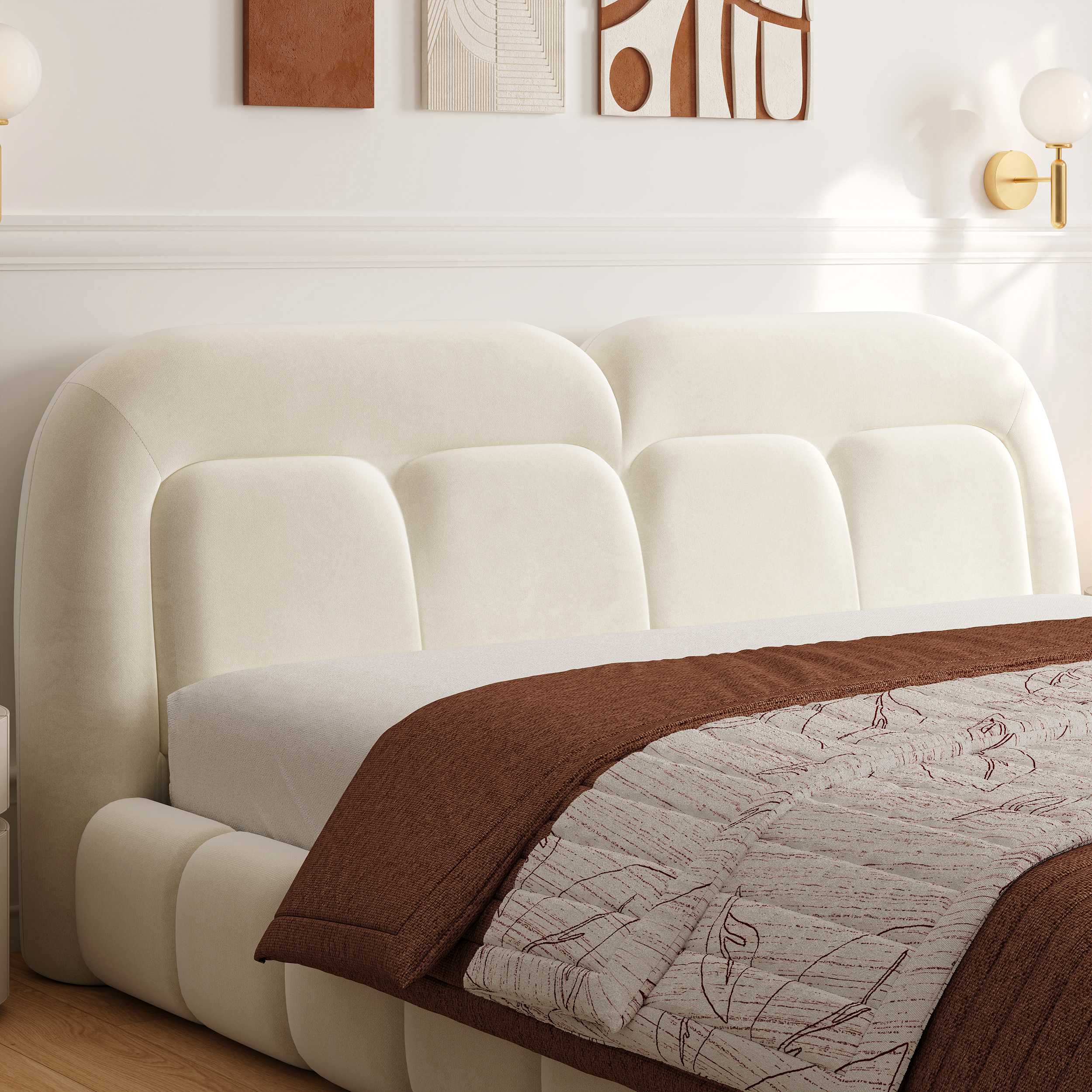 King Size Bubble Boucle Upholstered Platform Bed with Tufted Headboard
