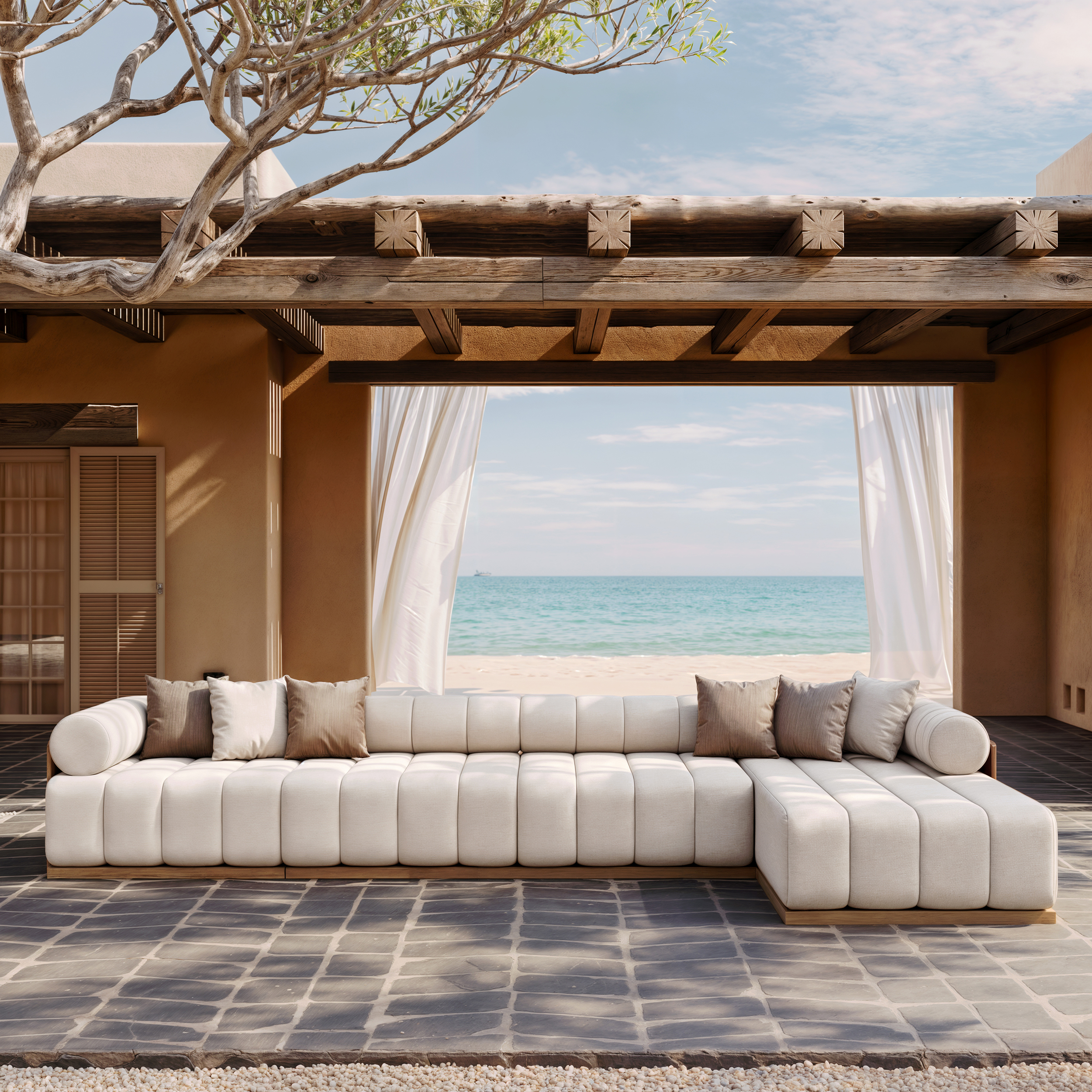 4 PCS Modular Teak Patio Outdoor Sectional Sofa Modern Exterior Furniture in Natural Cushion & Pillow Included