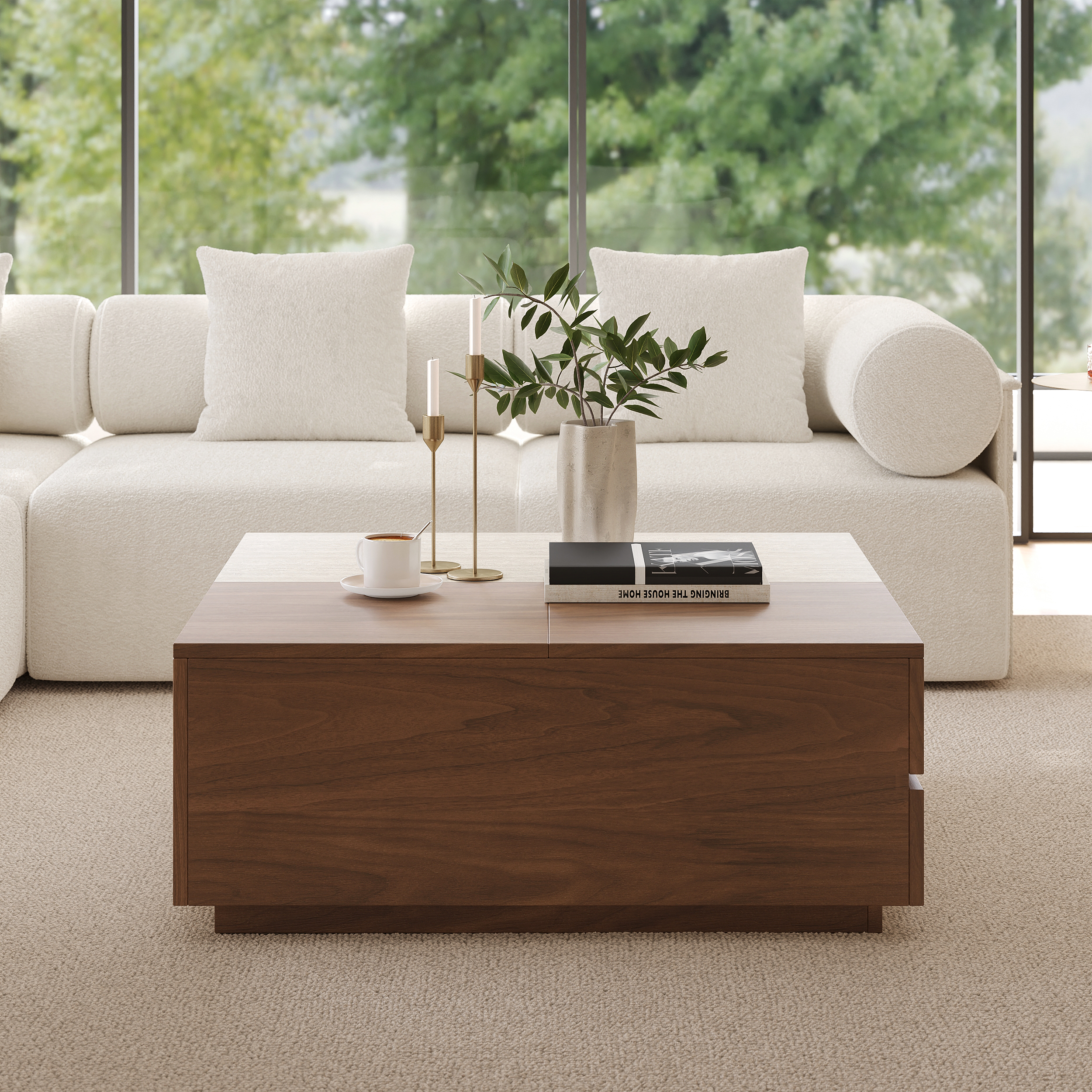 39" Square Lift-Top Solid Wood Travertine Veneer Sintered Stone Top Coffee Table with Storage