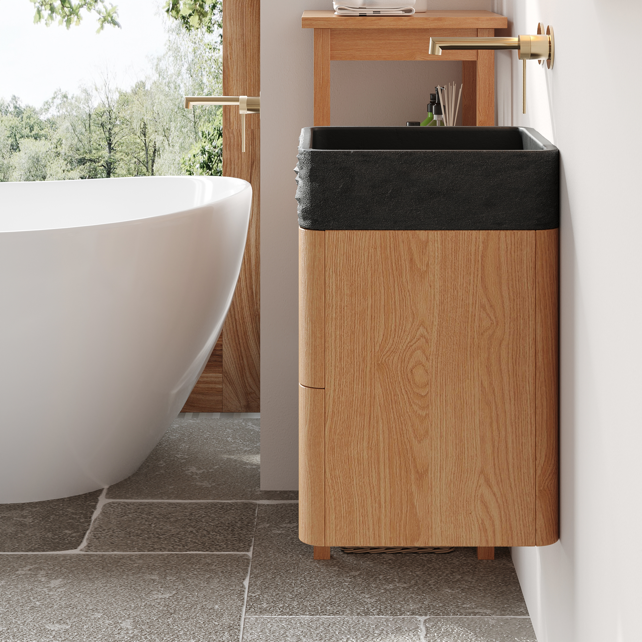 Small Wooden Concrete Top Wall Hung Bathroom Vanity Unit with Cabinet