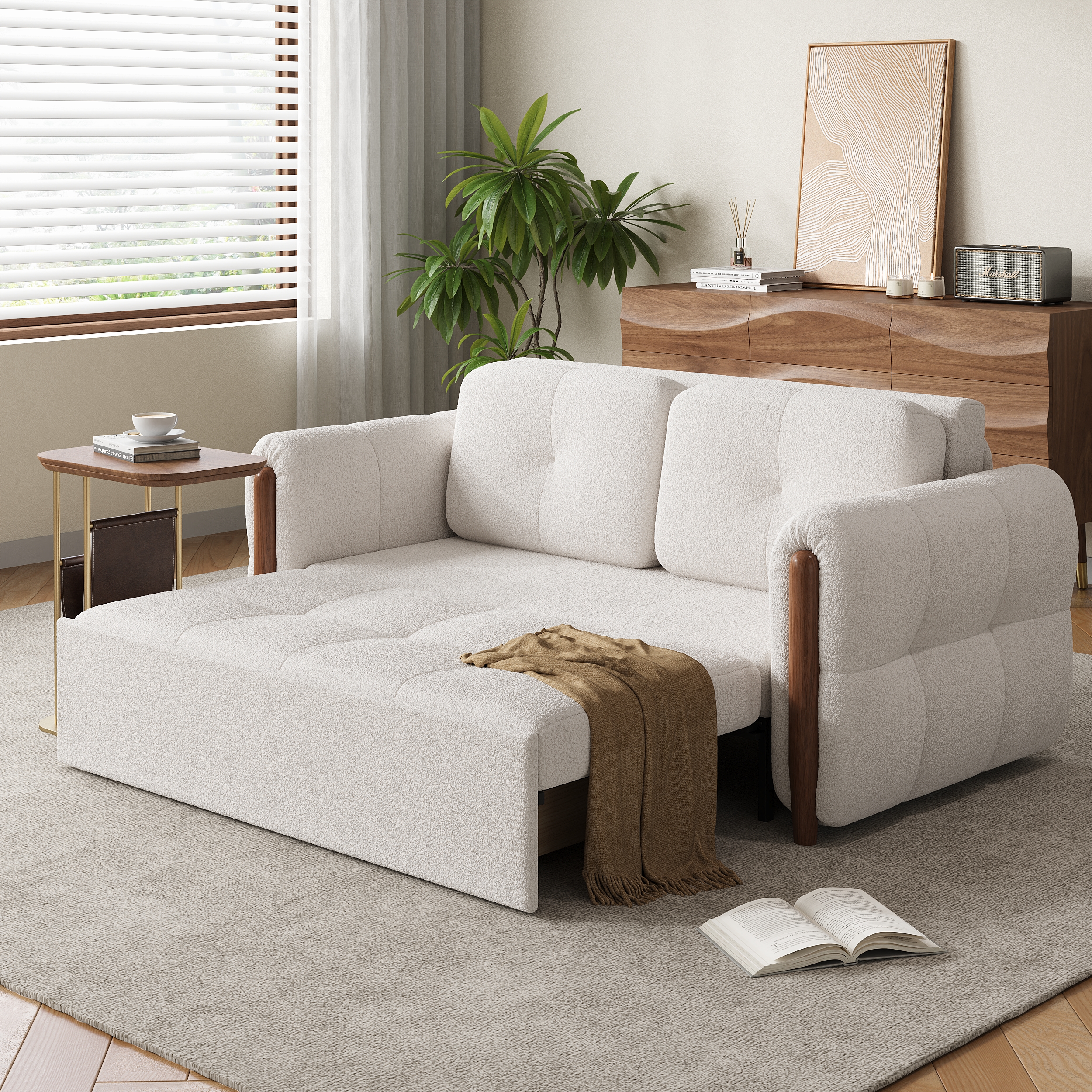 63" Mid-Century Modern 2-Seater Boucle Convertible Futon Sofa Bed  with Ash Wood