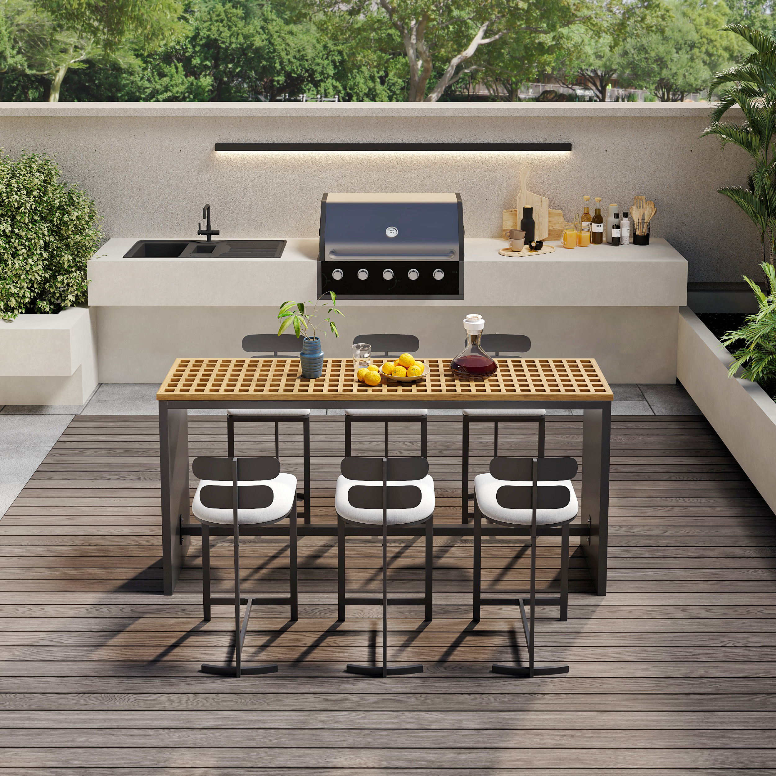 7-Pieces 70.9'' Teak Rectangle Hollow Bar Dining Table Set for Outdoor & Patio