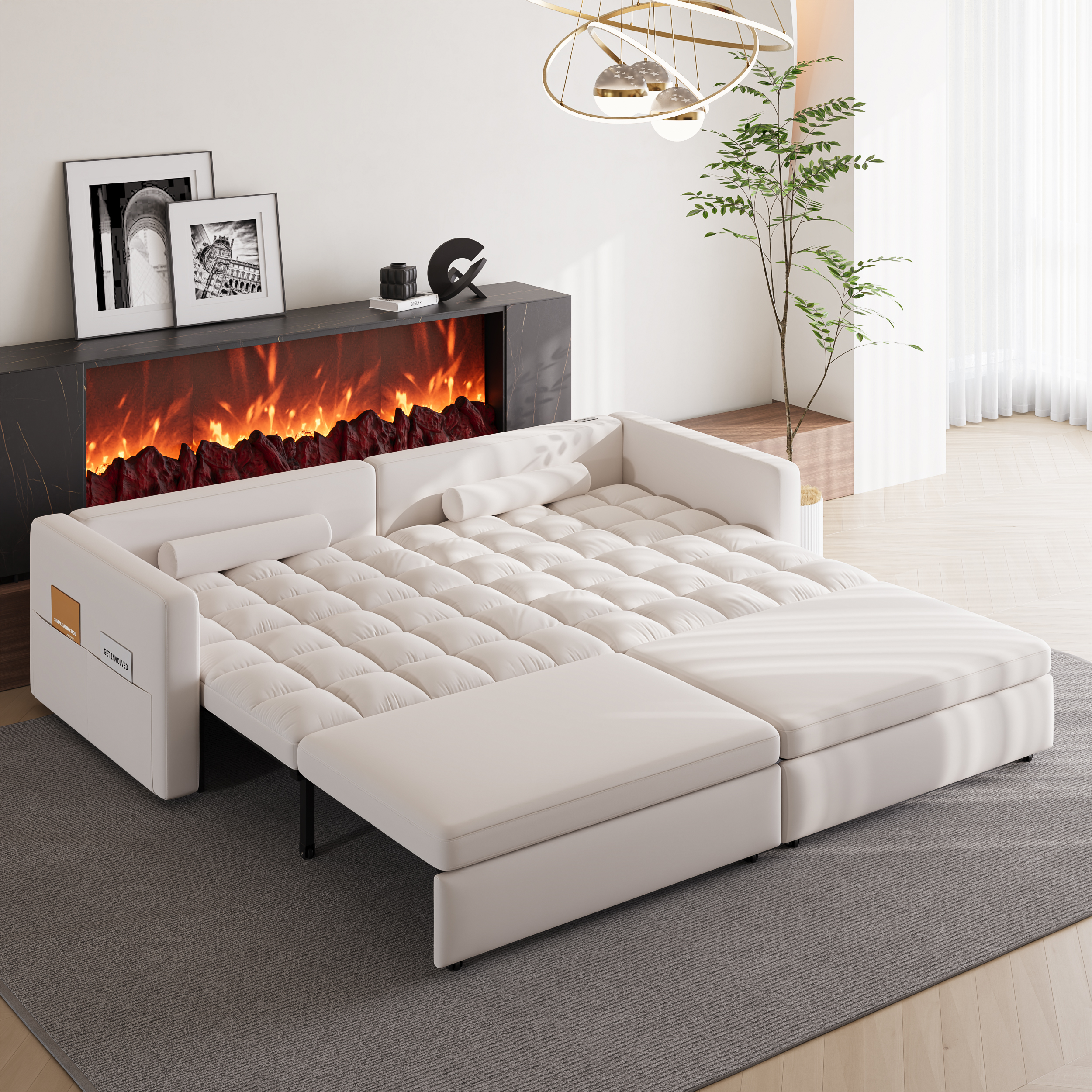 94" 2-Seater Modern Velvet Convertible Futon Sofa Bed with USB Charging