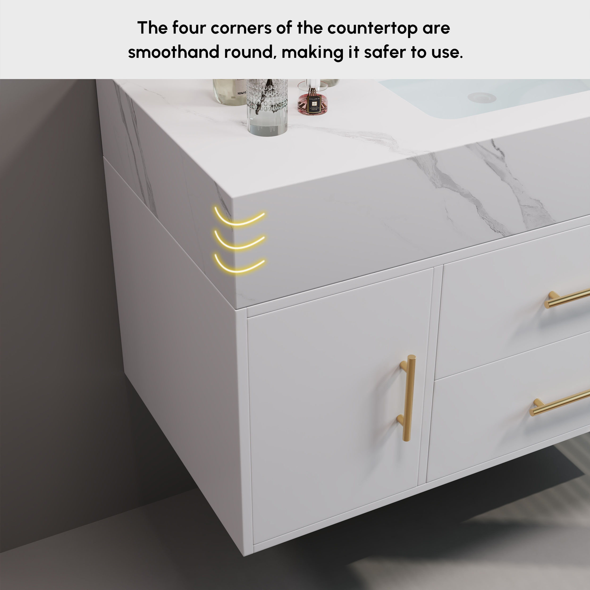 39.4" Floating Bathroom Vanity Wall Mounted Cultured Marble White Bathroom Cabinet with Sink