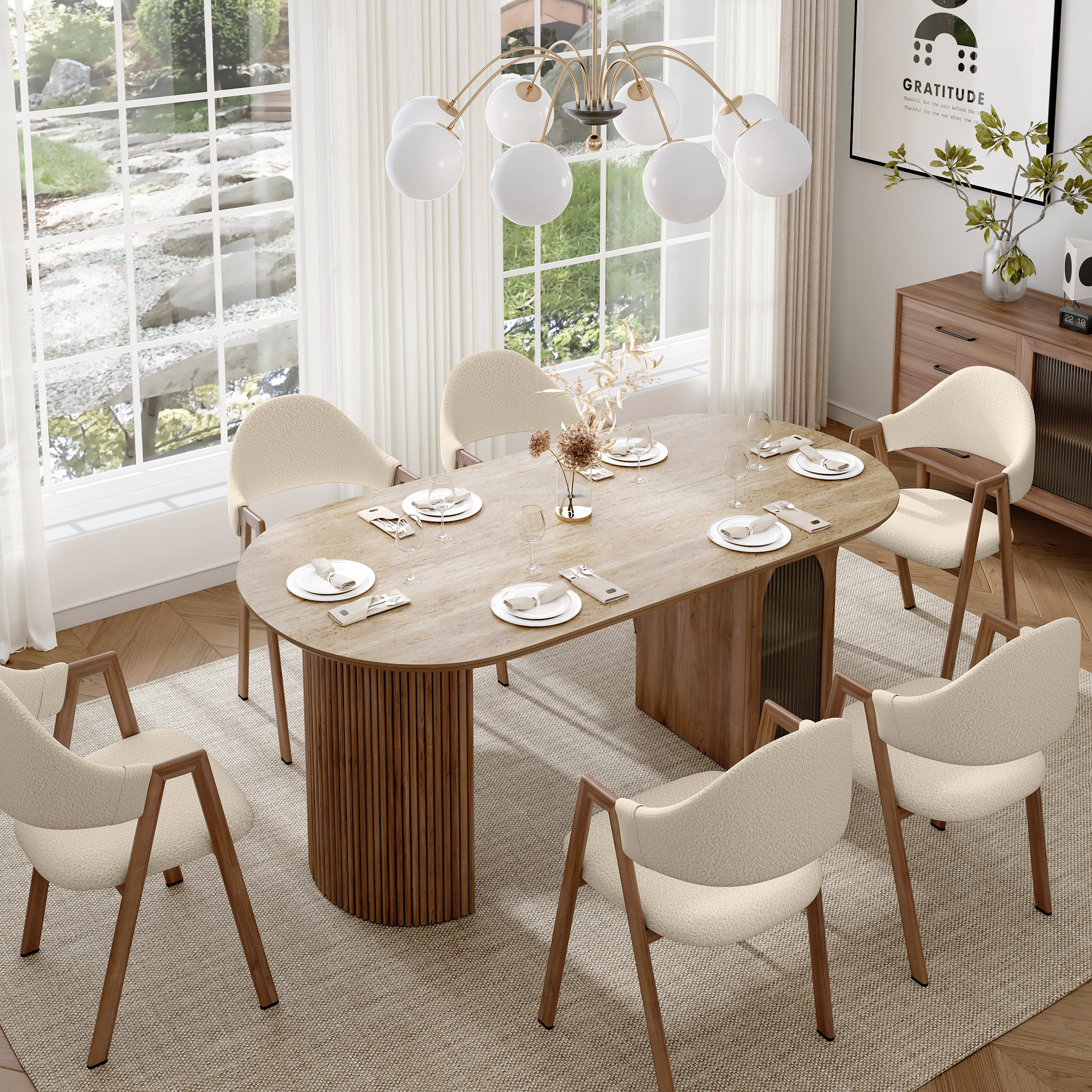 71" Faux Travertine Oval Dining Table with Fluted Base & Storage