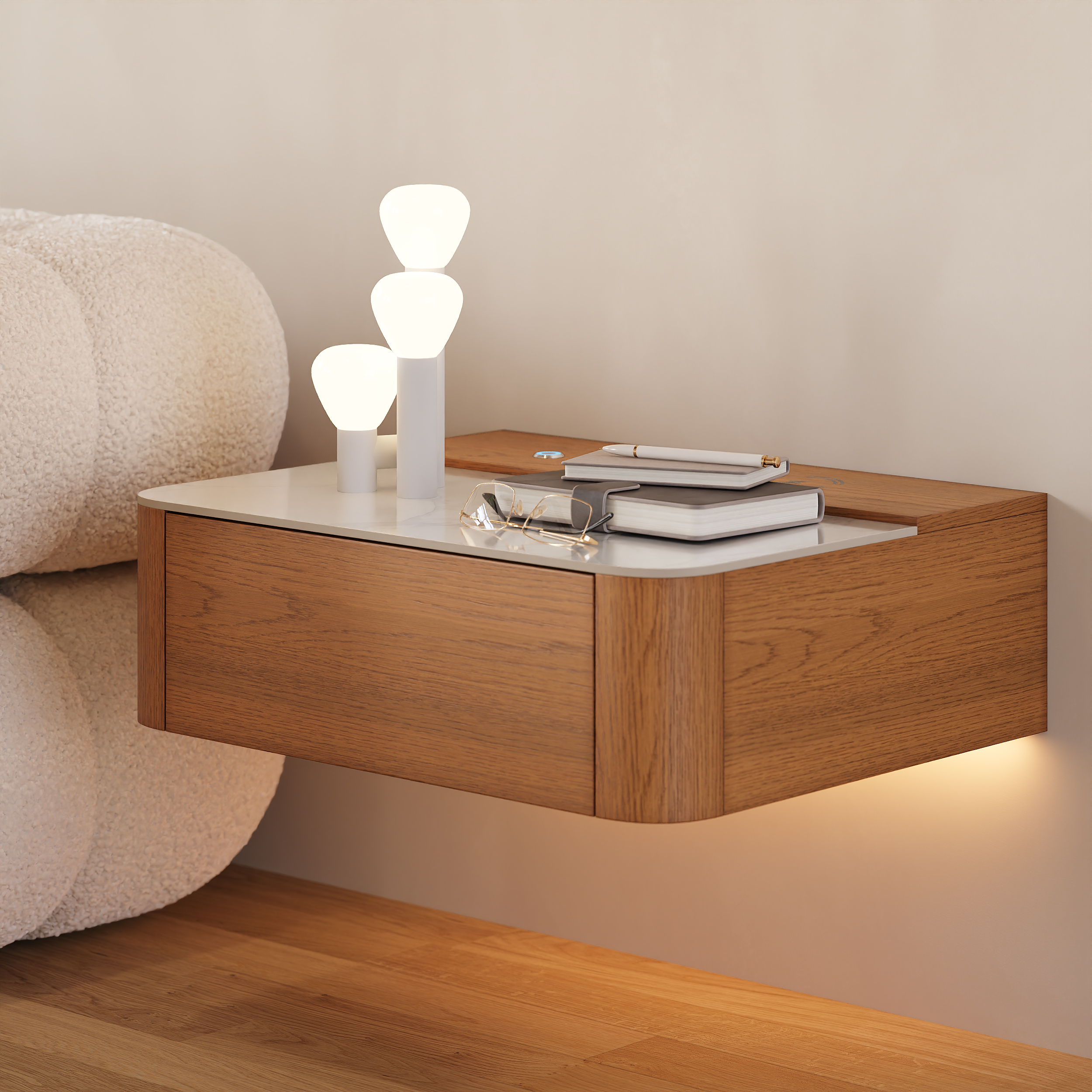 Floating Cherry Nightstand with Light & Charging Station & Sintered Stone Top