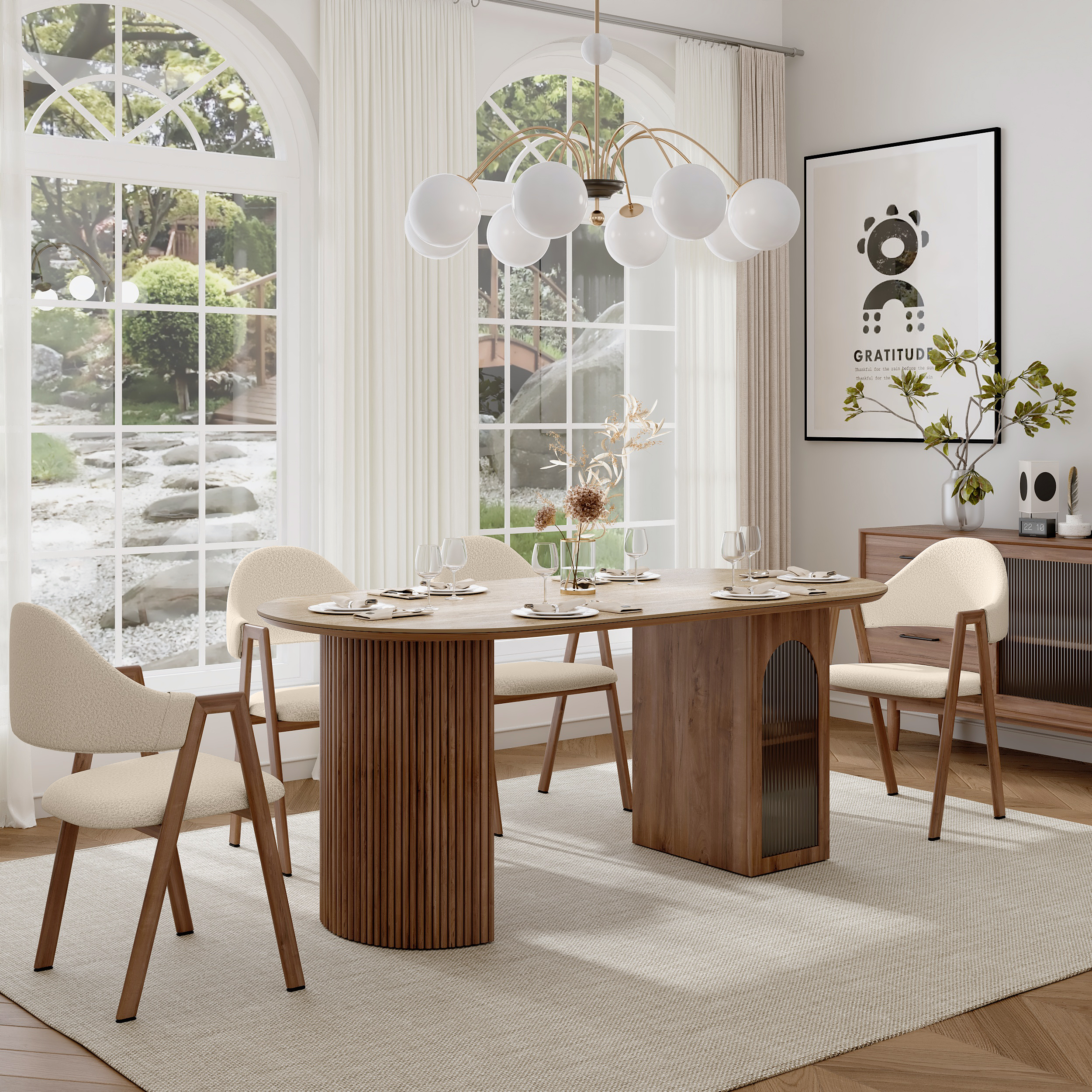 71" Faux Travertine Oval Dining Table with Fluted Base & Storage