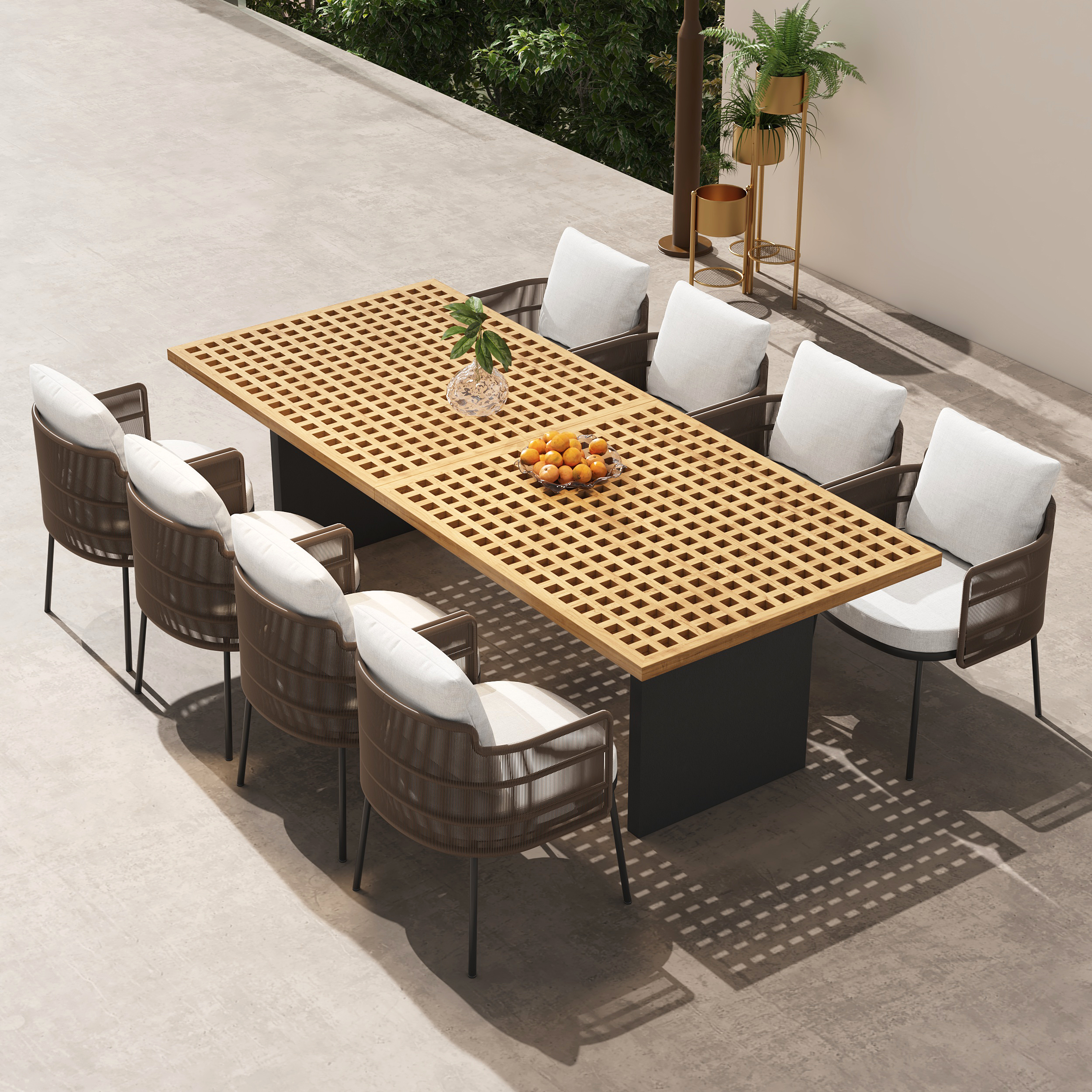 9 Pieces 94.5'' Outdoor Patio Dining Set for 8 Person with Rectangle Teak Table & Rattan Chairs