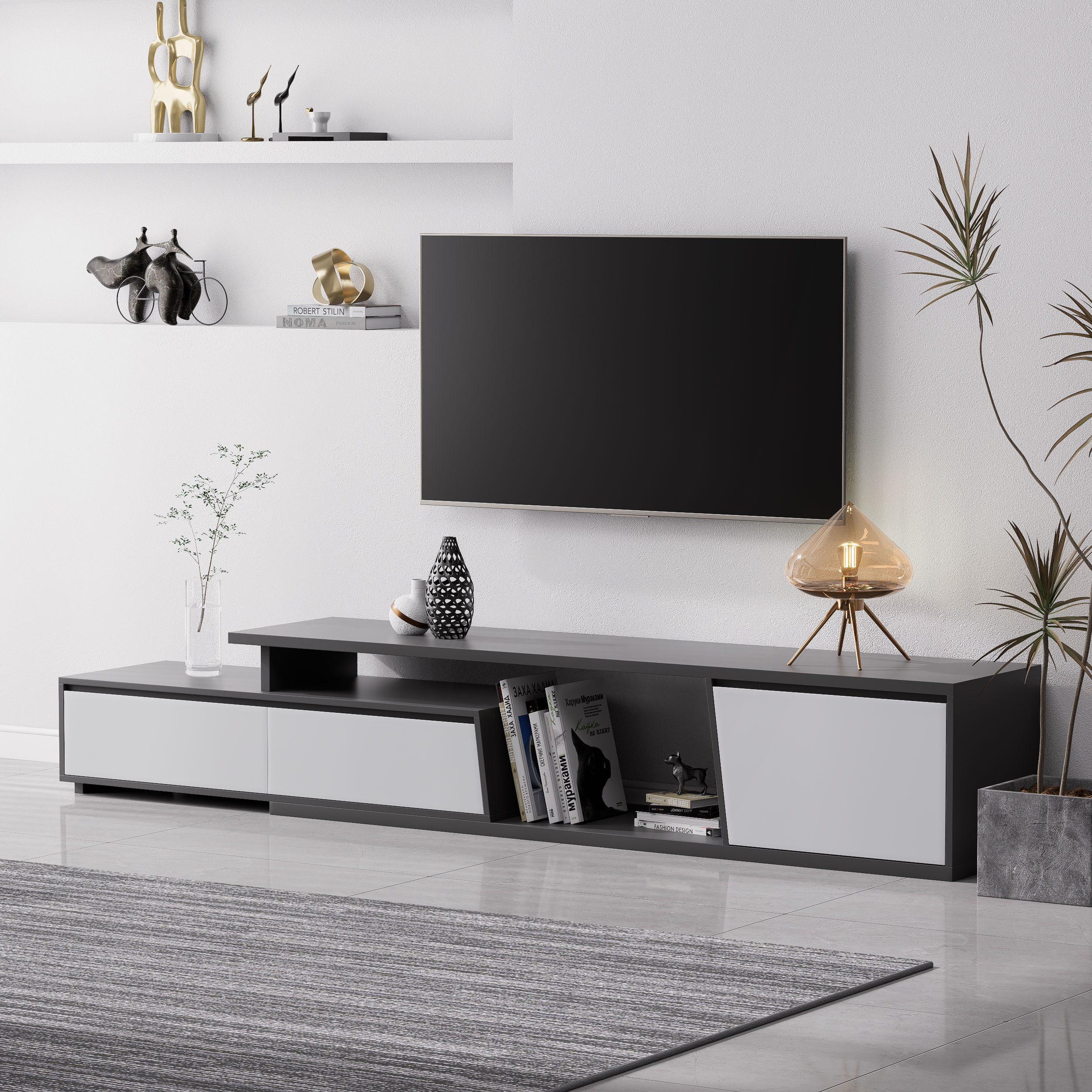 Fero Minimalist Rectangle Gray Extendable TV Stand with 3 Drawers Up to 120"