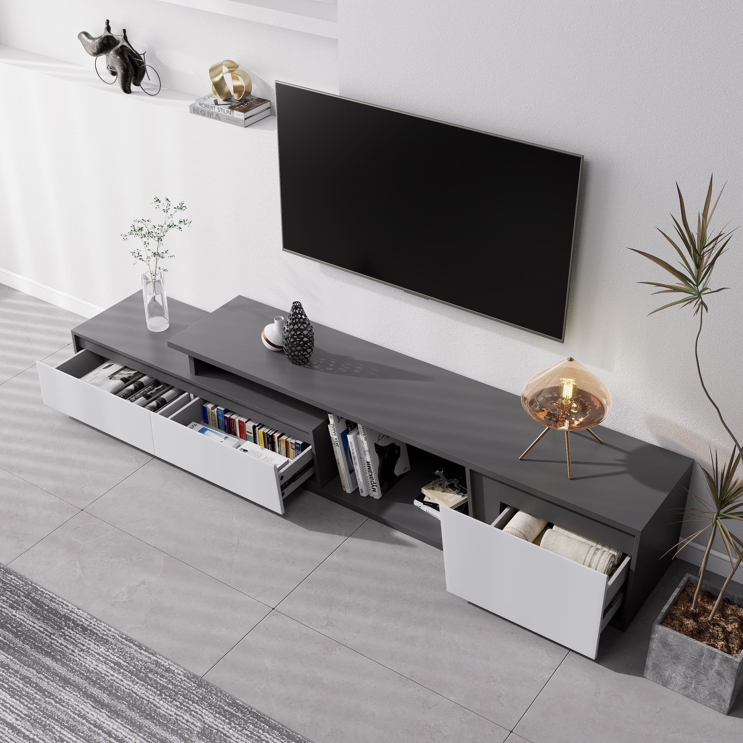 Fero Minimalist Rectangle Gray Extendable TV Stand with 3 Drawers Up to 120"