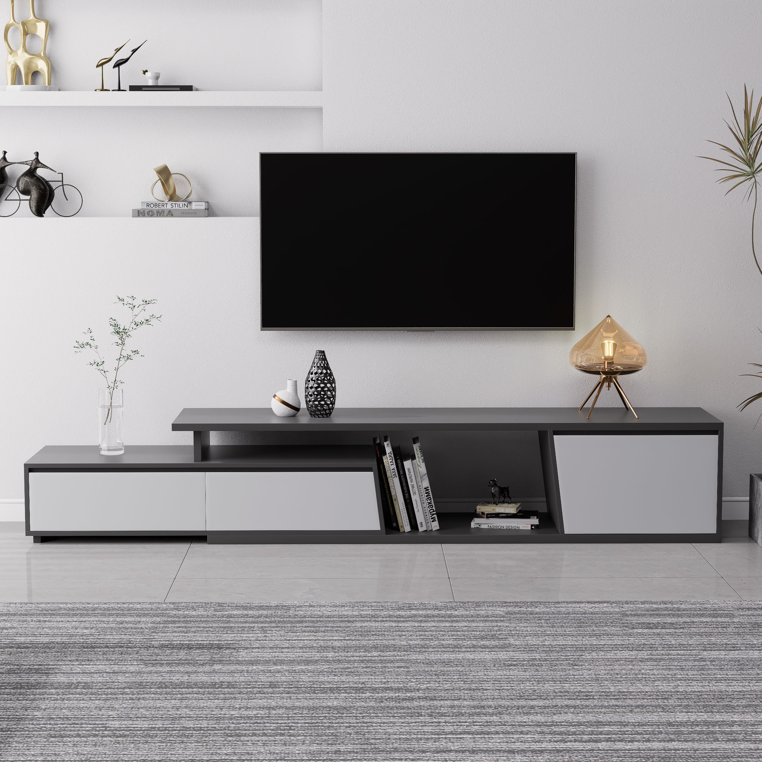 Fero Minimalist Rectangle Gray Extendable TV Stand with 3 Drawers Up to 120"