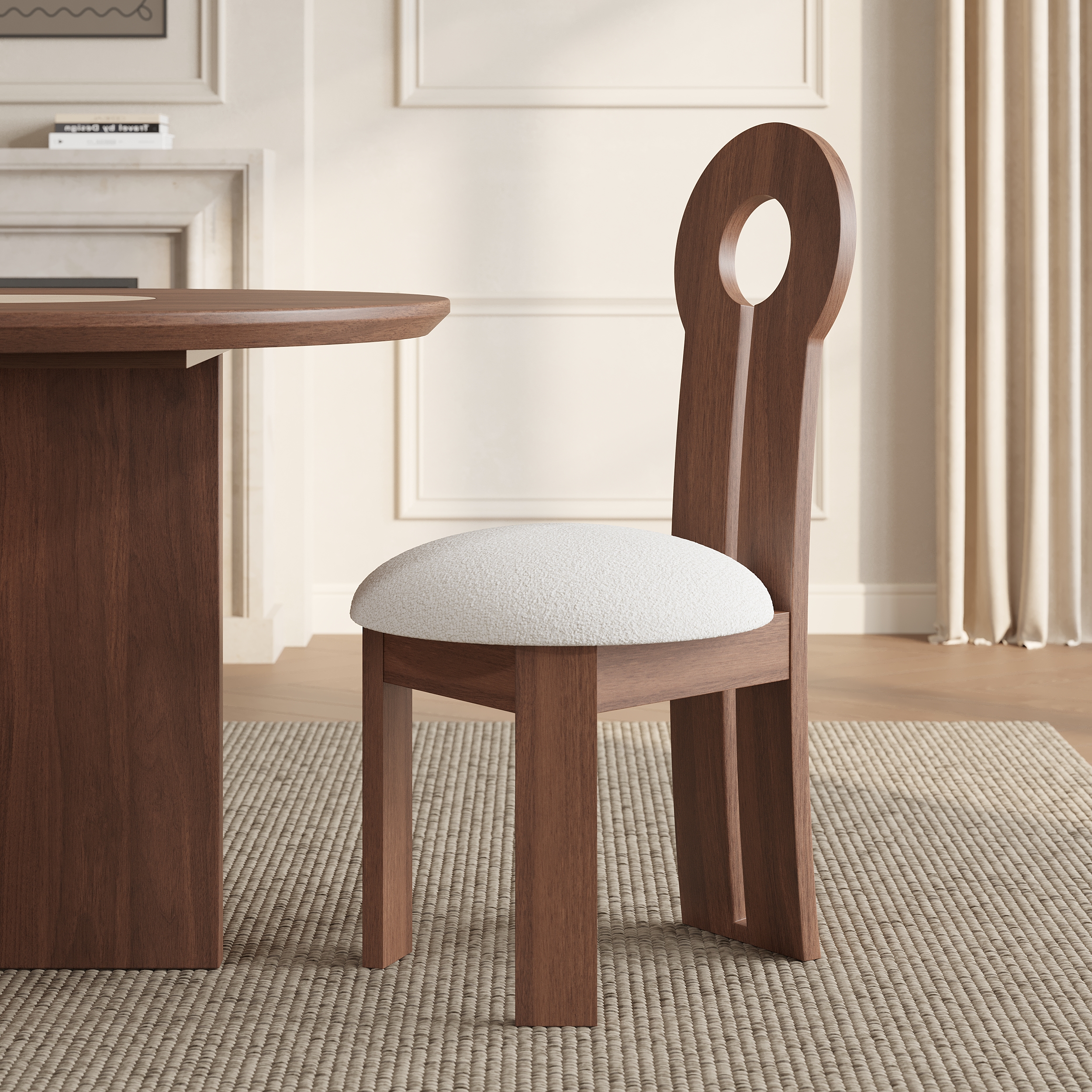 Modern Ash Wood Walnut Dining Chair with Boucle Upholstery