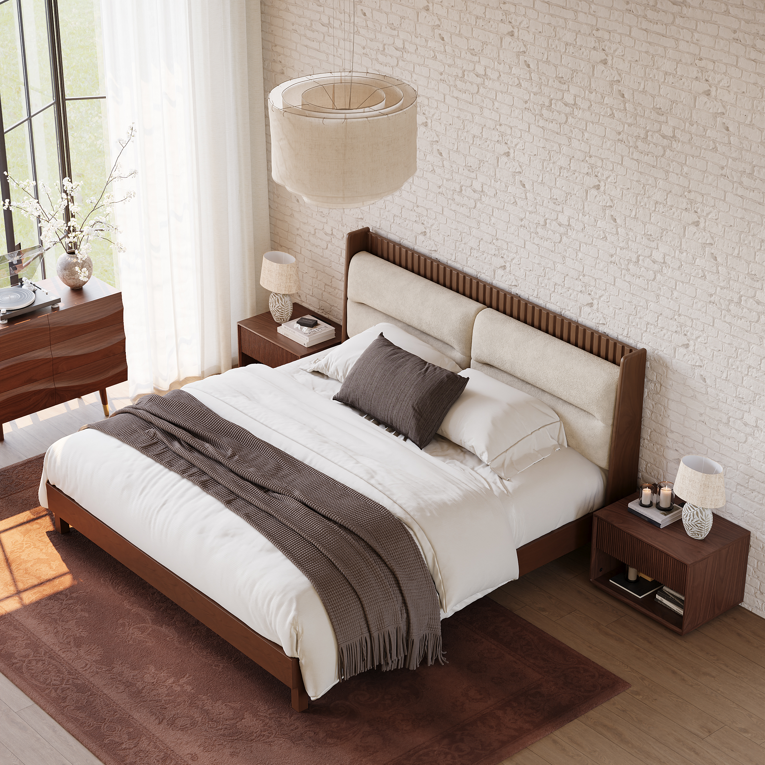 Modern Solid Wood King Upholstered Bed & 2 Fluted Nightstand Set with with with Charging
