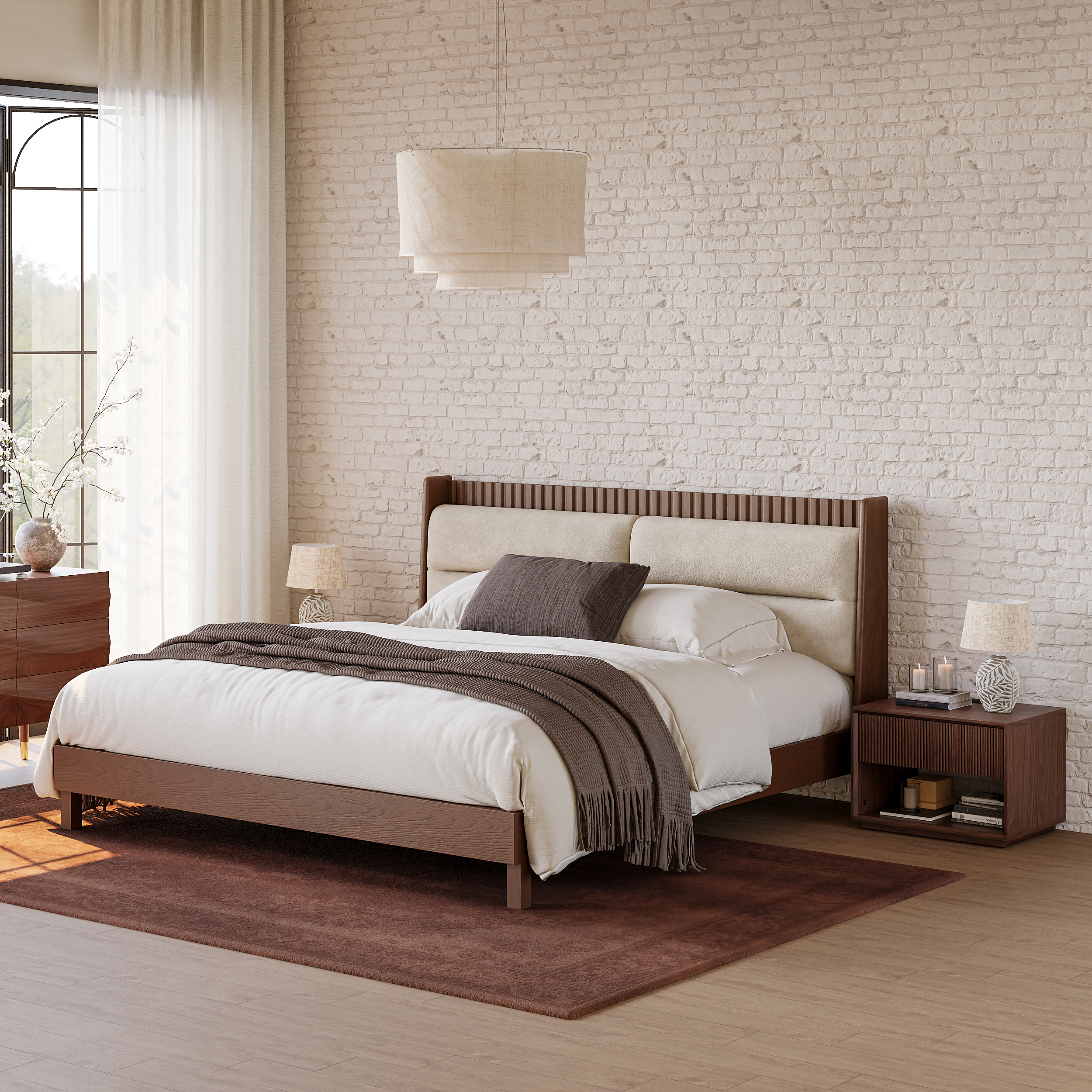 Modern Solid Wood King Upholstered Bed & 2 Fluted Nightstand Set with with with Charging