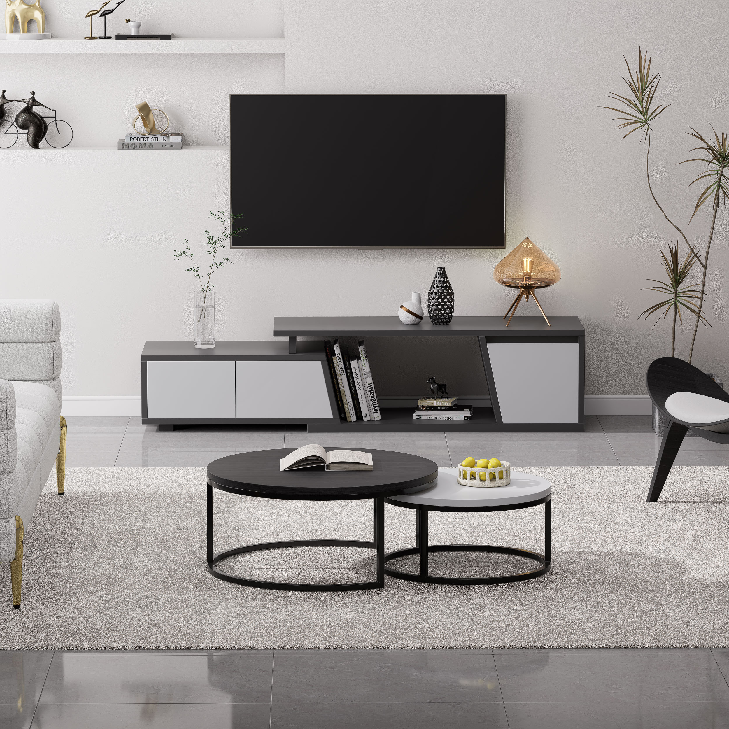 Storage Modern Grey Wood TV Stand Extendable 1200mm-1800mm Floor-standing TV Unit with 3 Drawers