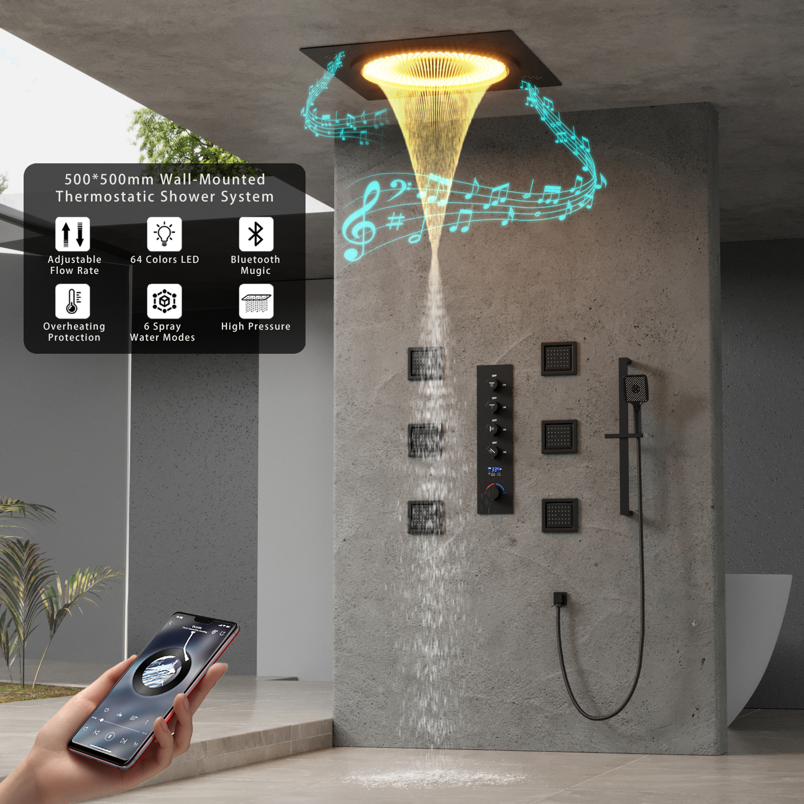 Smart Thermostatic Bluetooth Shower System with LED Lighting & Multi-Function Jets
