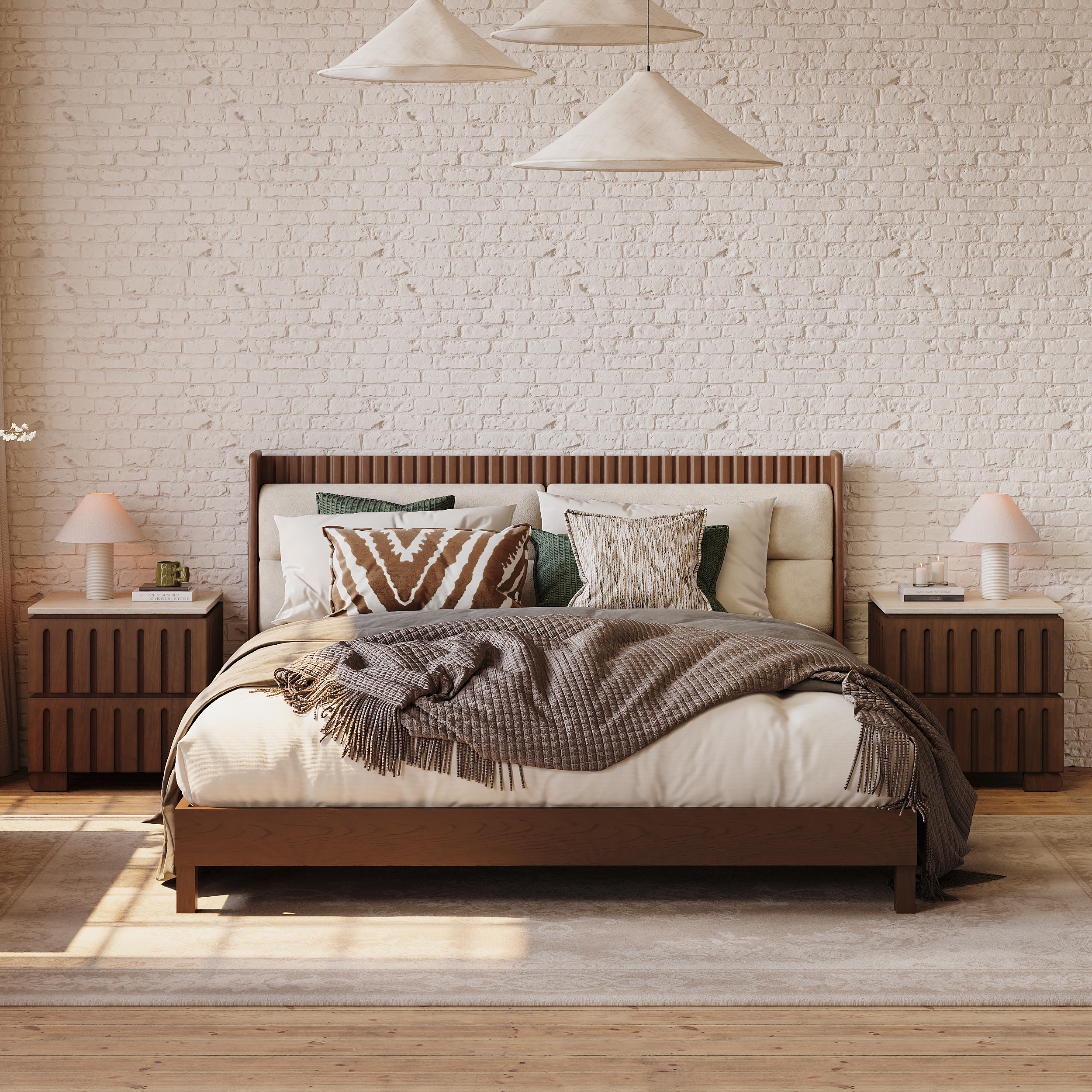 Modern Solid Wood King Upholstered Bed & 2 Drawer Ash Wood Nightstand Set with with Faux Travertine