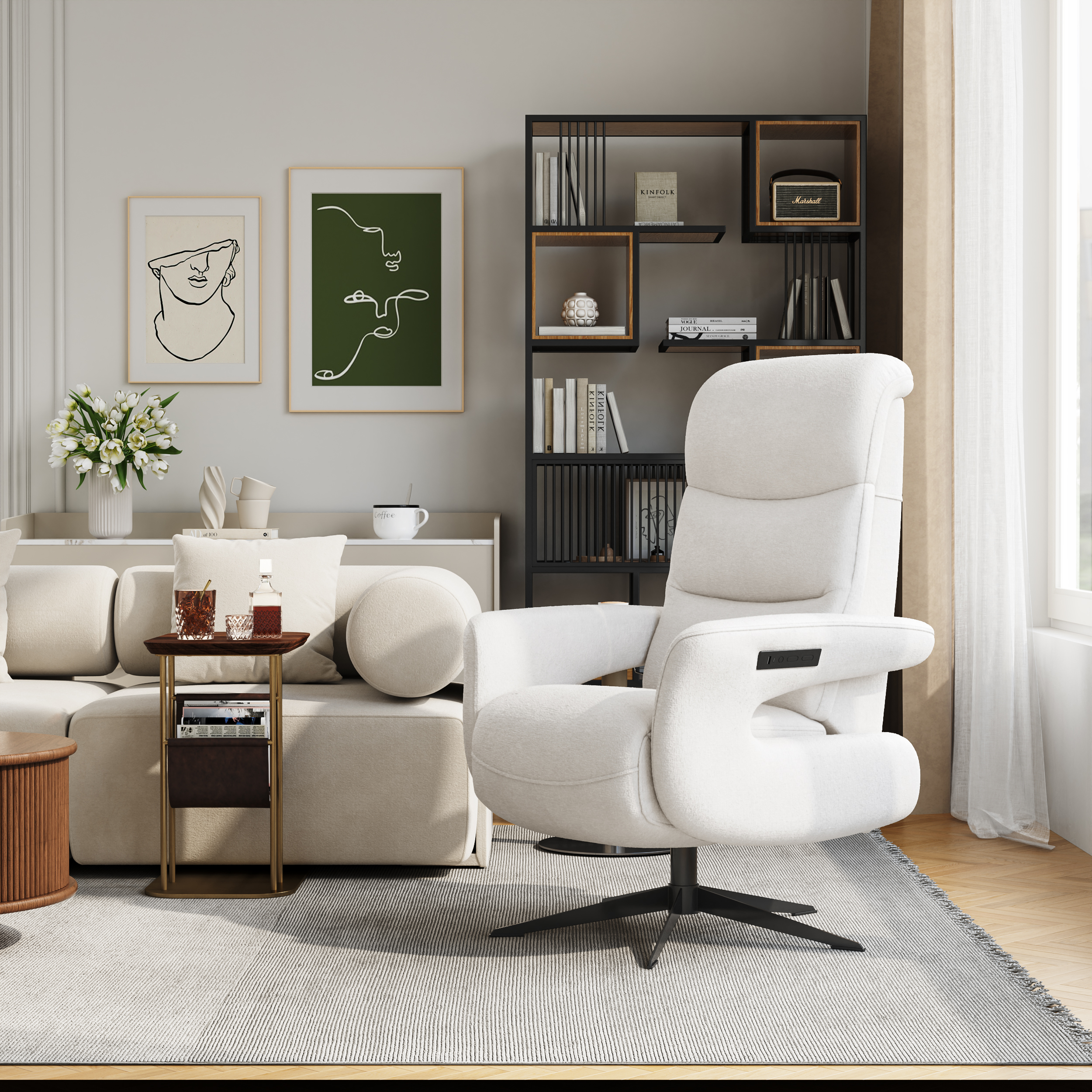 Modern Power Recliner White Chenille Velvet Accent Chair with 360° Swivel