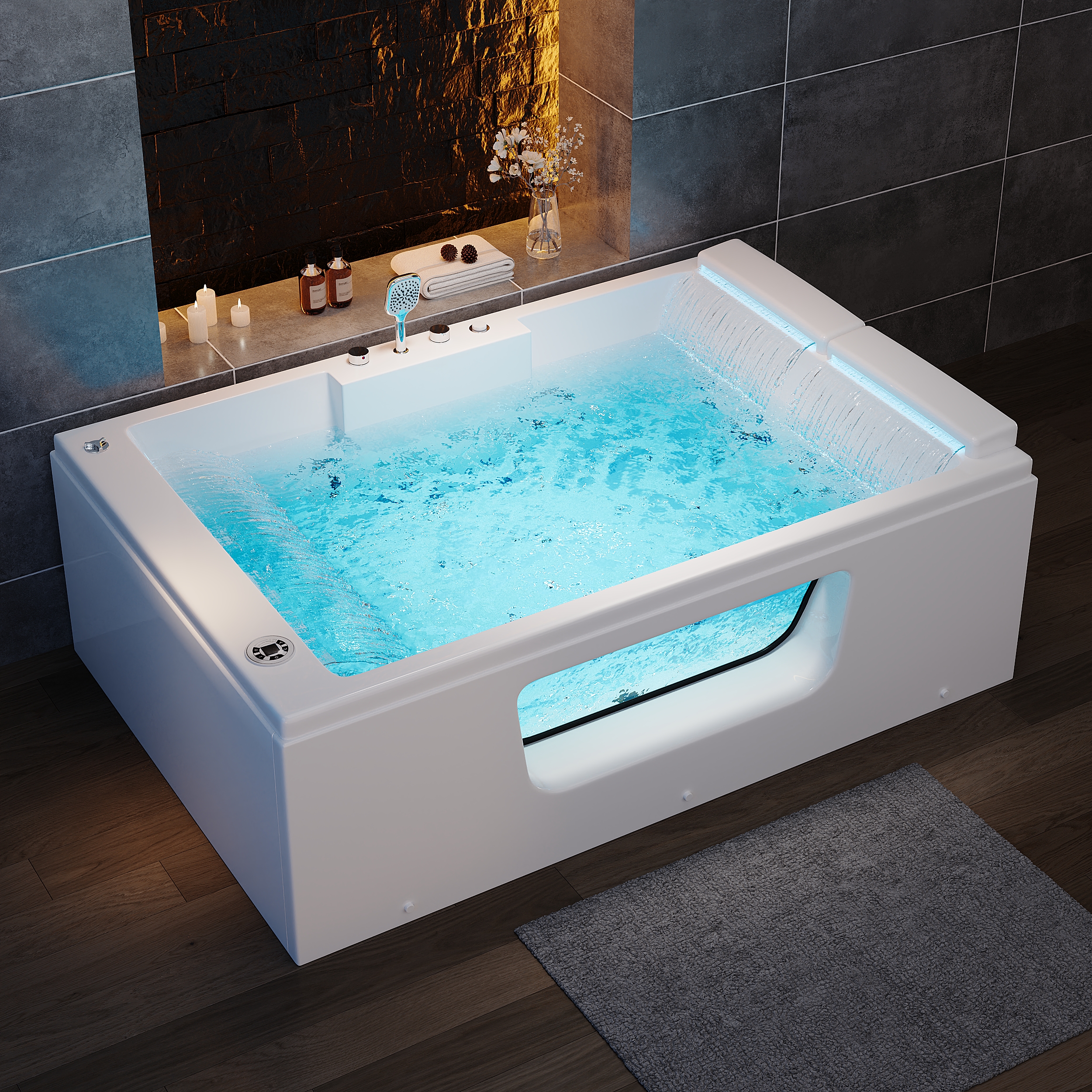 74.4" Acrylic Jetted Jacuzzi Bathtub with Thermostat Control & LED-Lit Waterfall Pillow