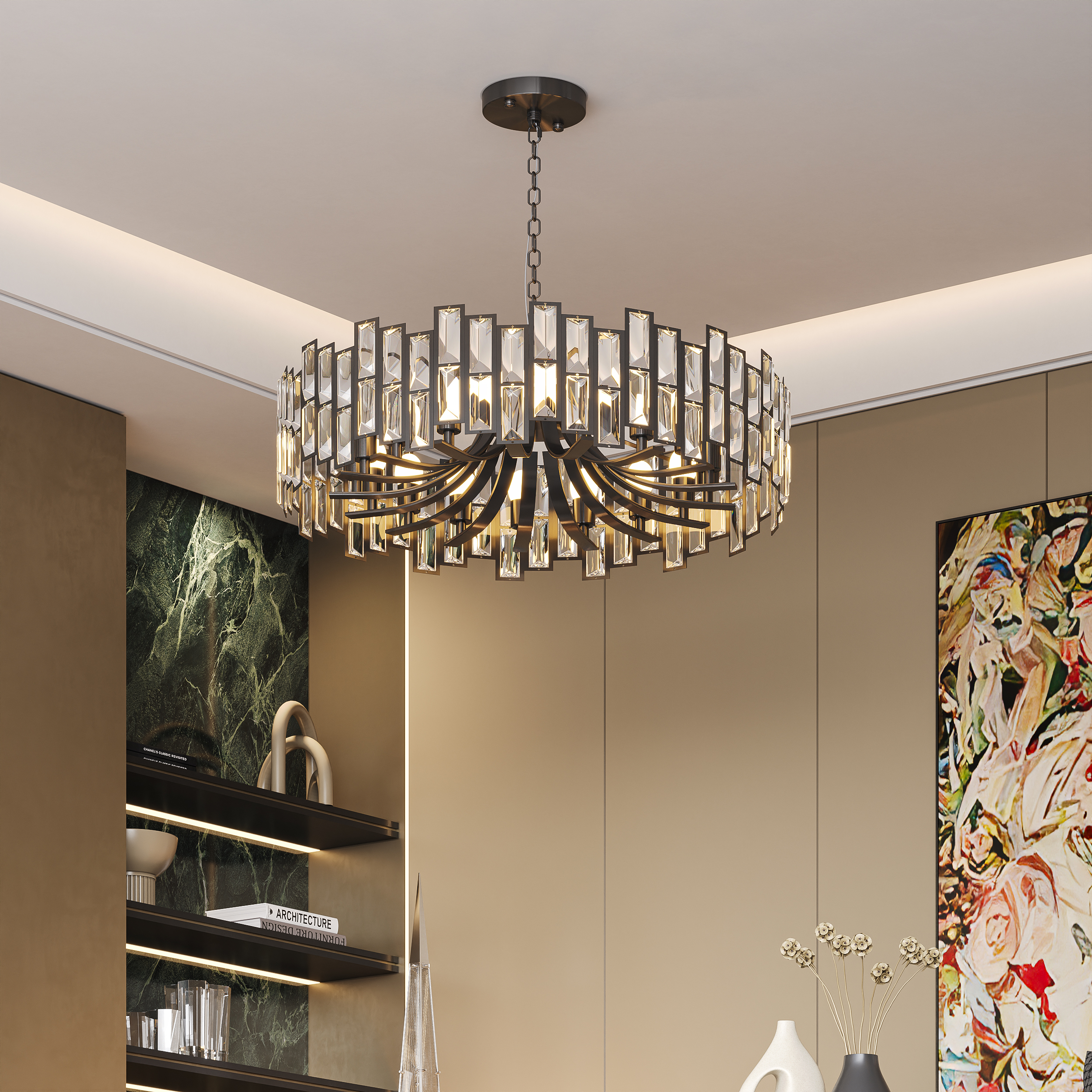 Clytia Modern Geometric Crystal Chandelier 10-Light with Adjustable Chain in Black