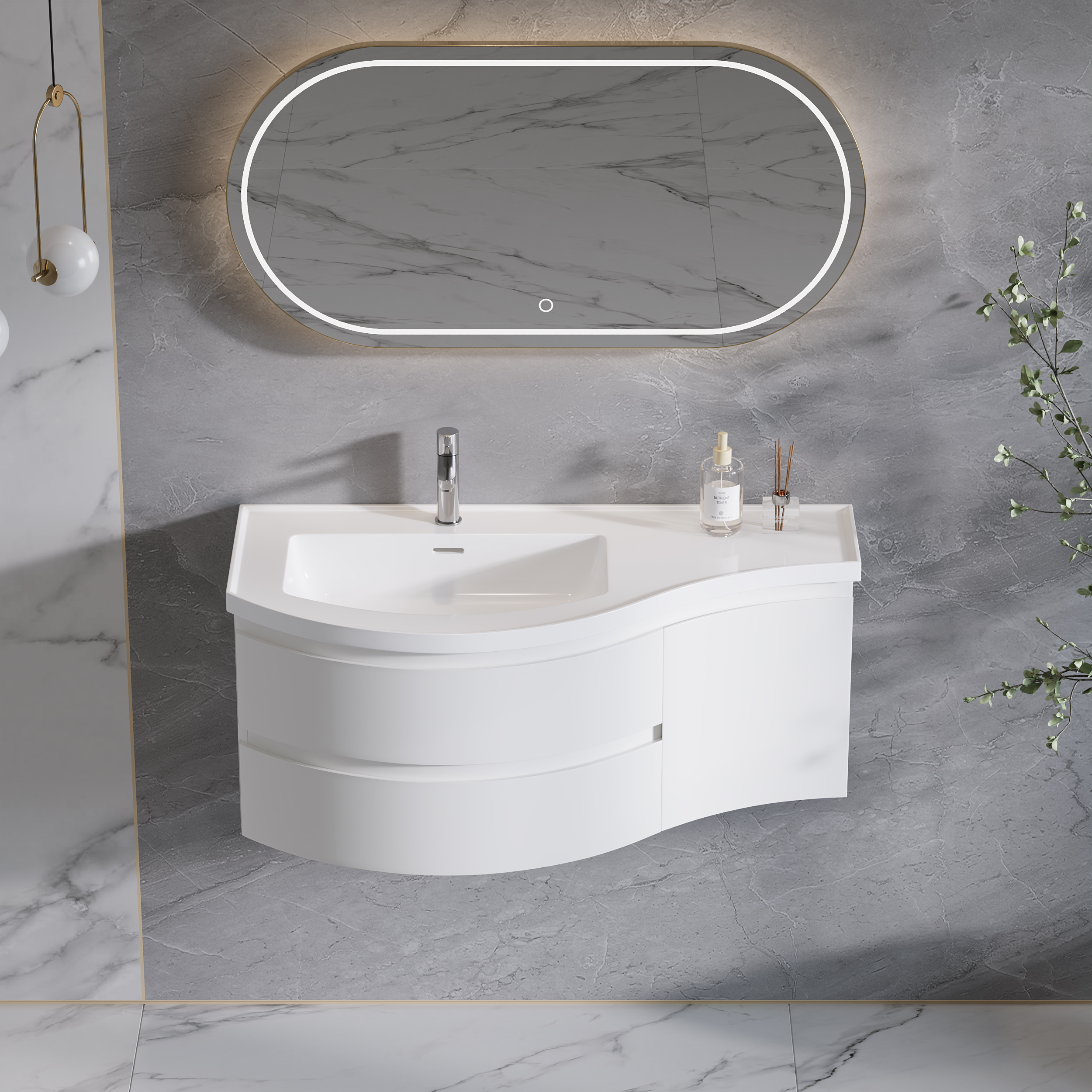 35.4" Floating Curved Bathroom Vanity Wall Mounted Half-Circle White Bathroom Cabinet with Sink