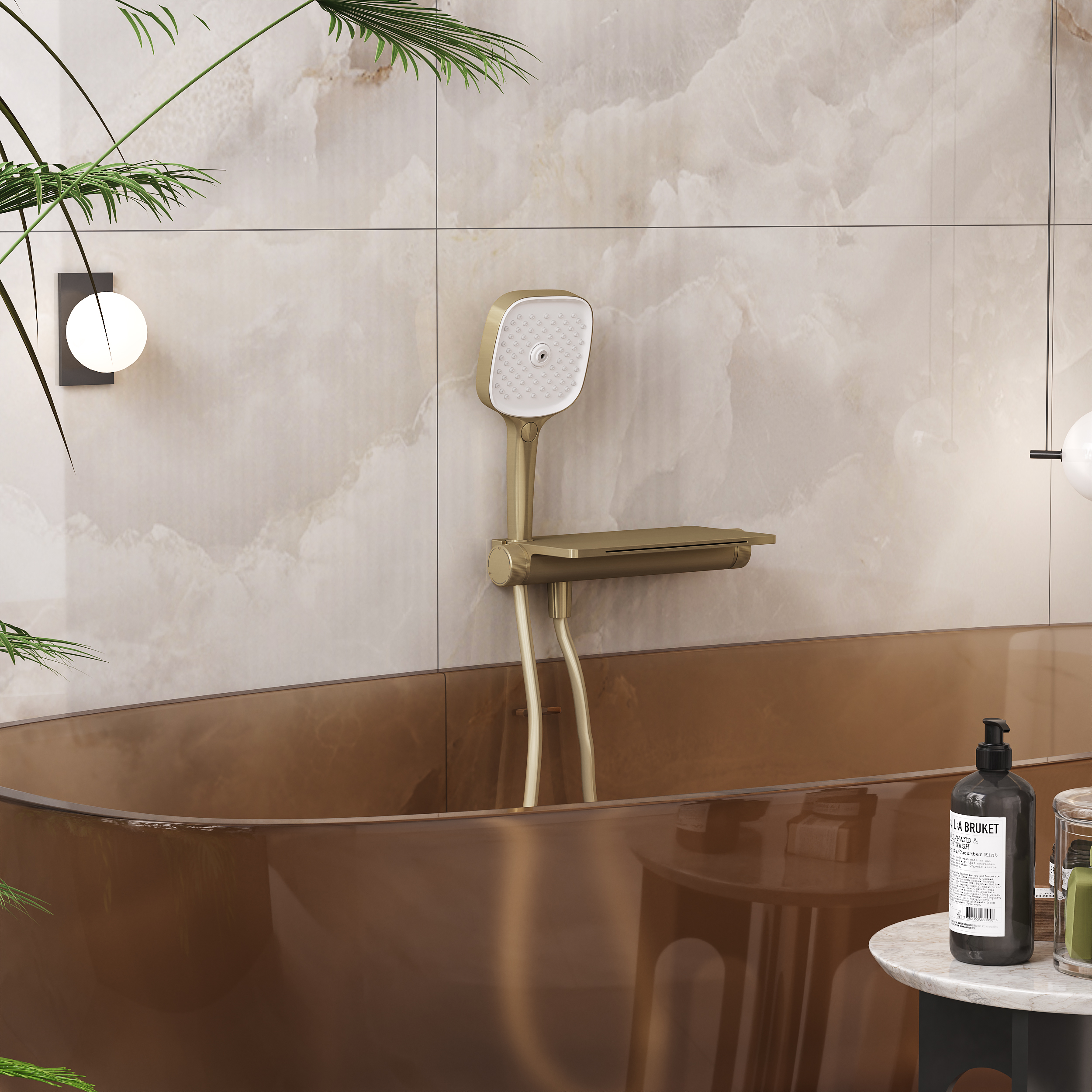 Brushed Gold Waterfall Bathtub Faucet Wall Mounted with Handheld Shower– Dual Knob Temperature &