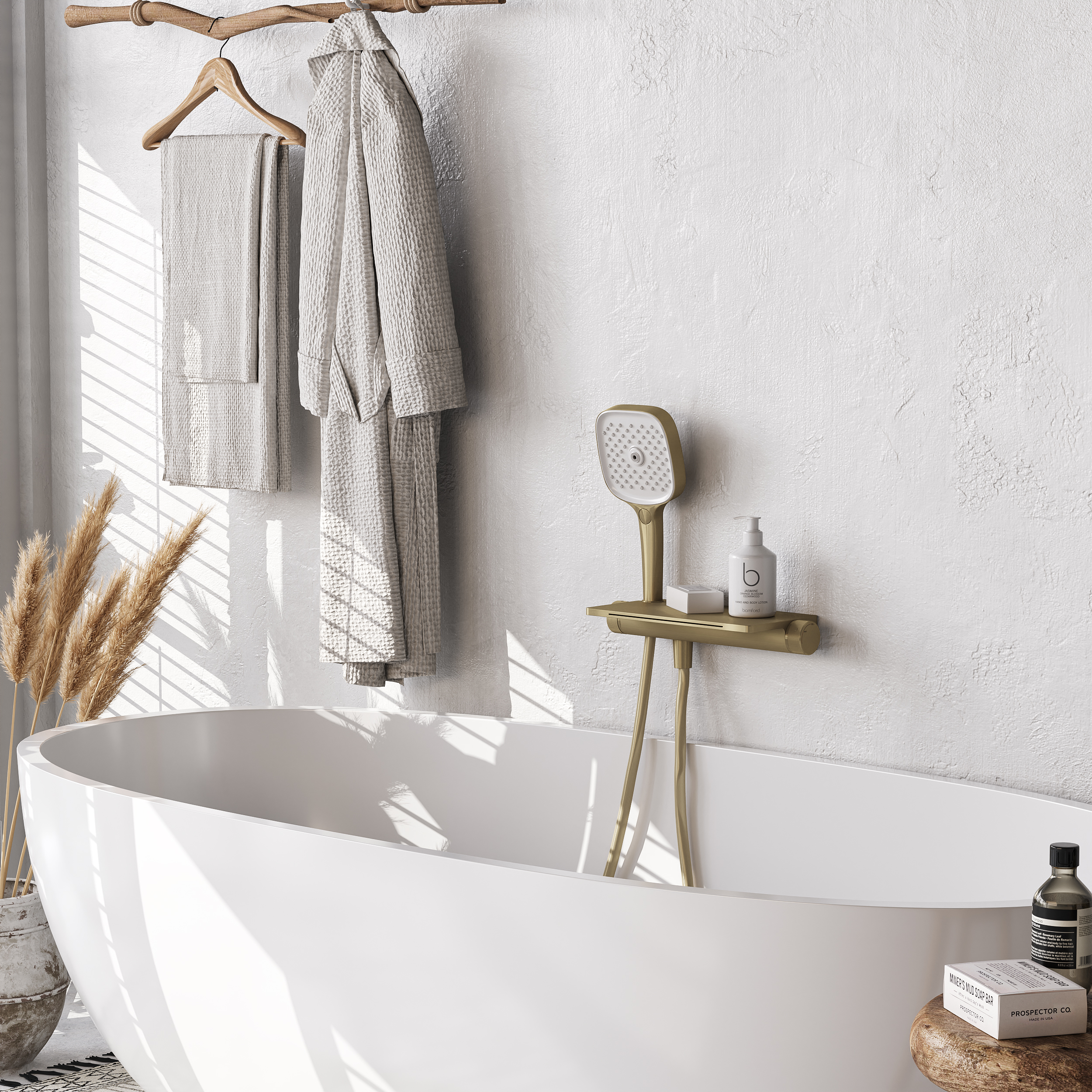 Brushed Gold Waterfall Bathtub Faucet Wall Mounted with Handheld Shower– Dual Knob Temperature &