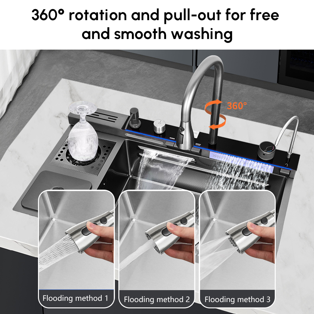 32" Black Drop-in Workstation Kitchen Sink with Faucet Single Bowl Stainless Steel