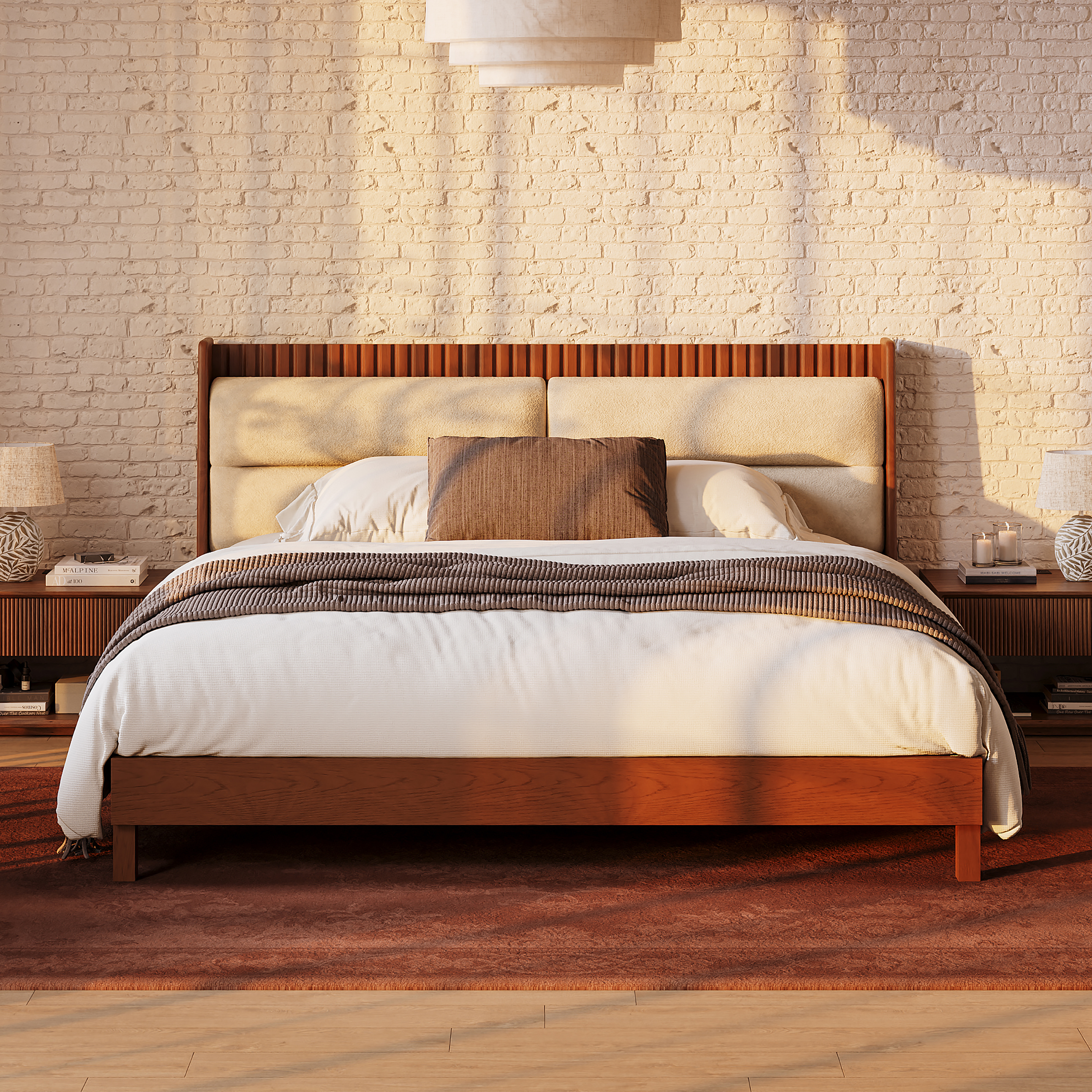 Modern Walnut King Size Solid Wood Bed with Boucle Headboard Pillows
