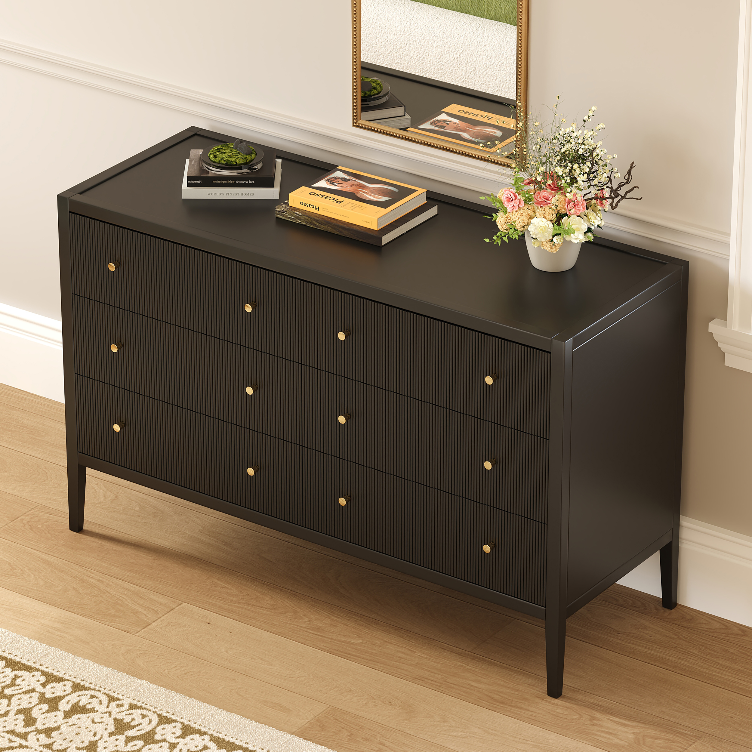 47" Fluted Black 6-Drawer Dresser with Charging Station