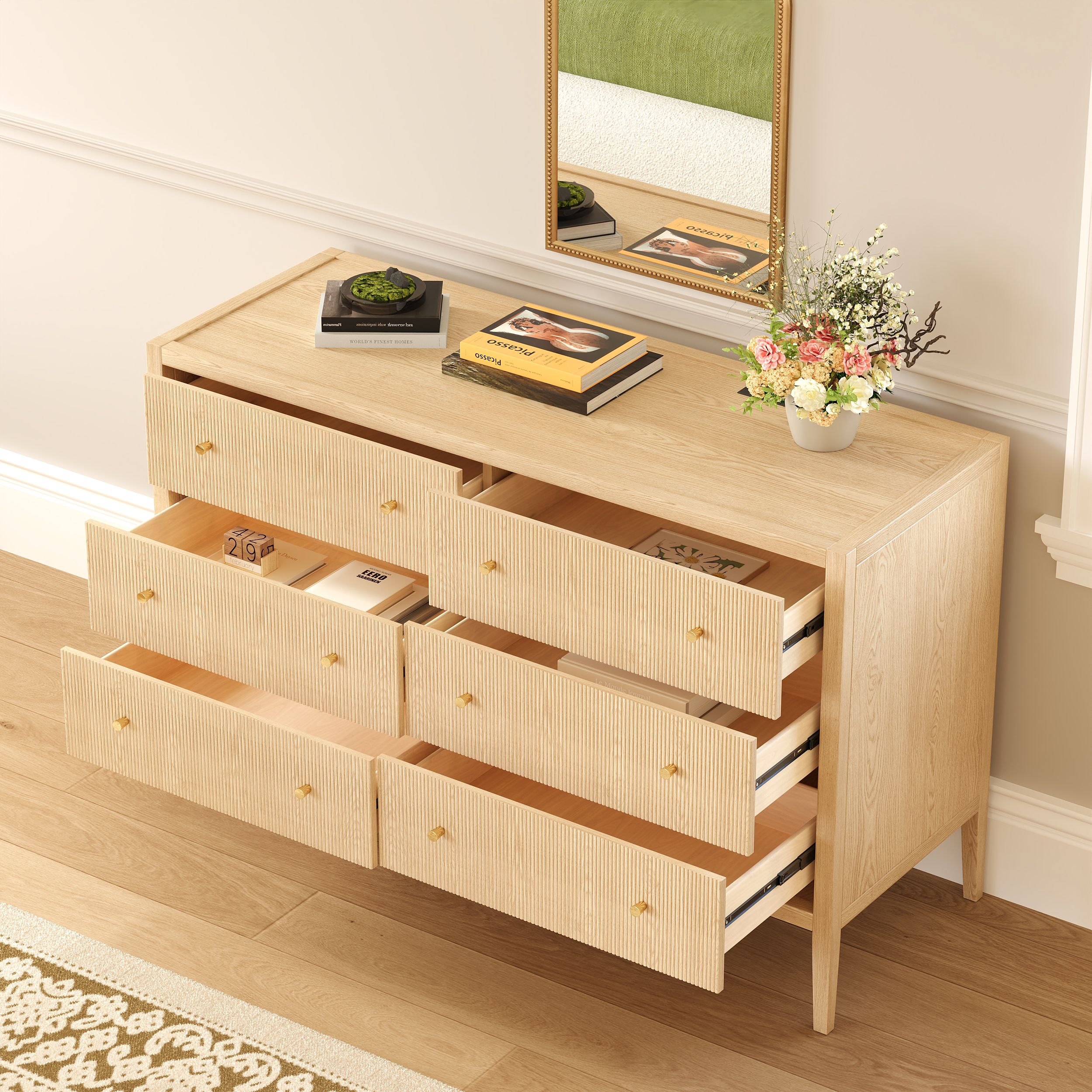 47" Fluted Natural 6-Drawer Dresser with Charging Station