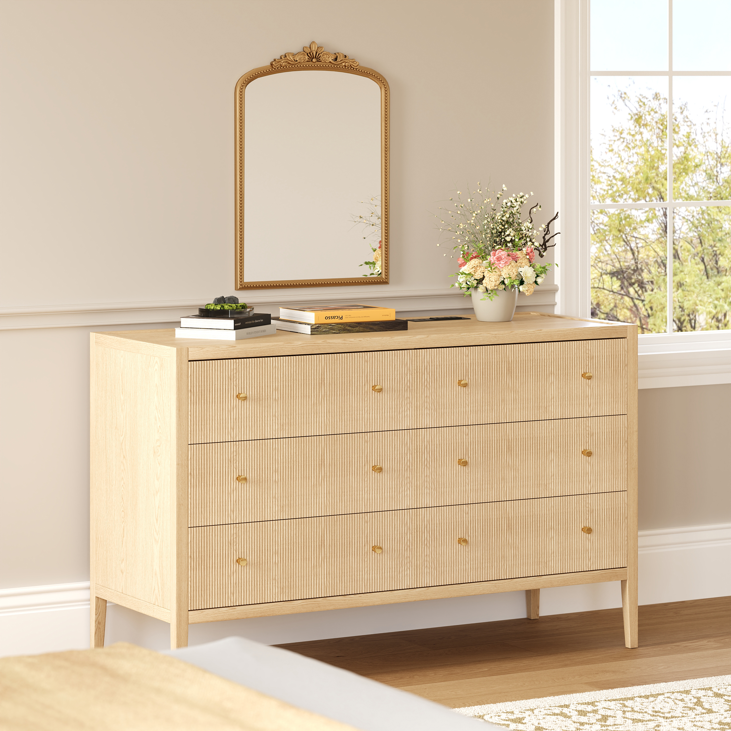 47" Fluted Natural 6-Drawer Dresser with Charging Station