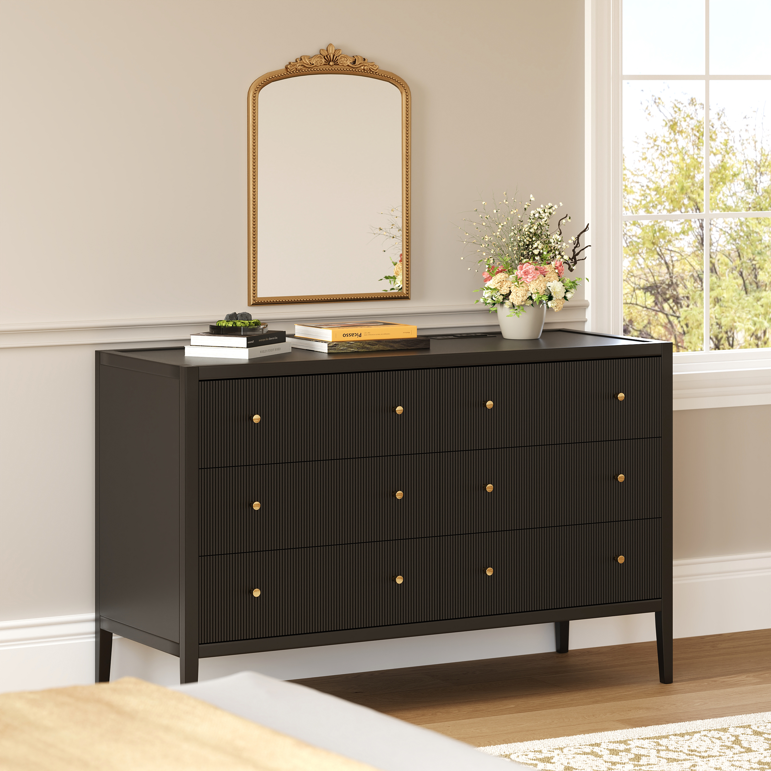47" Fluted Black 6-Drawer Dresser with Charging Station