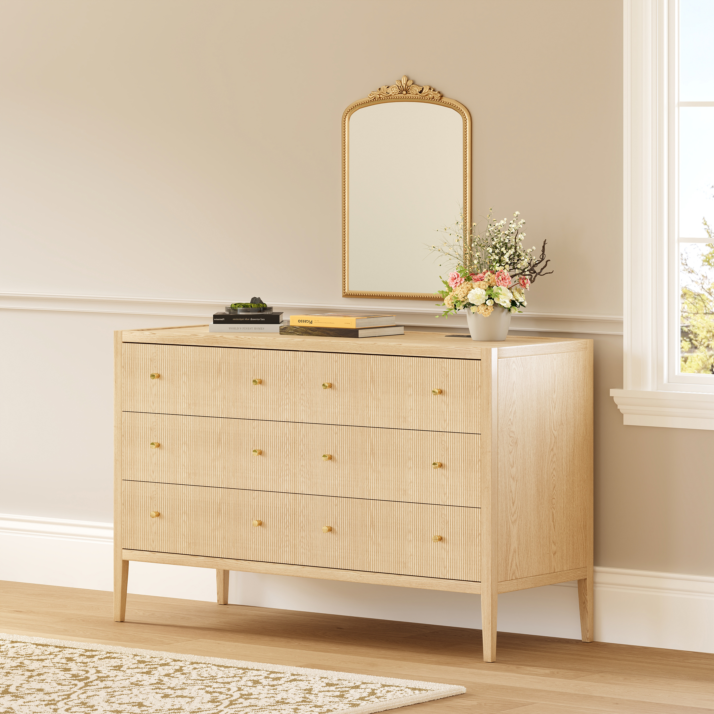 47" Fluted Natural 6-Drawer Dresser with Charging Station