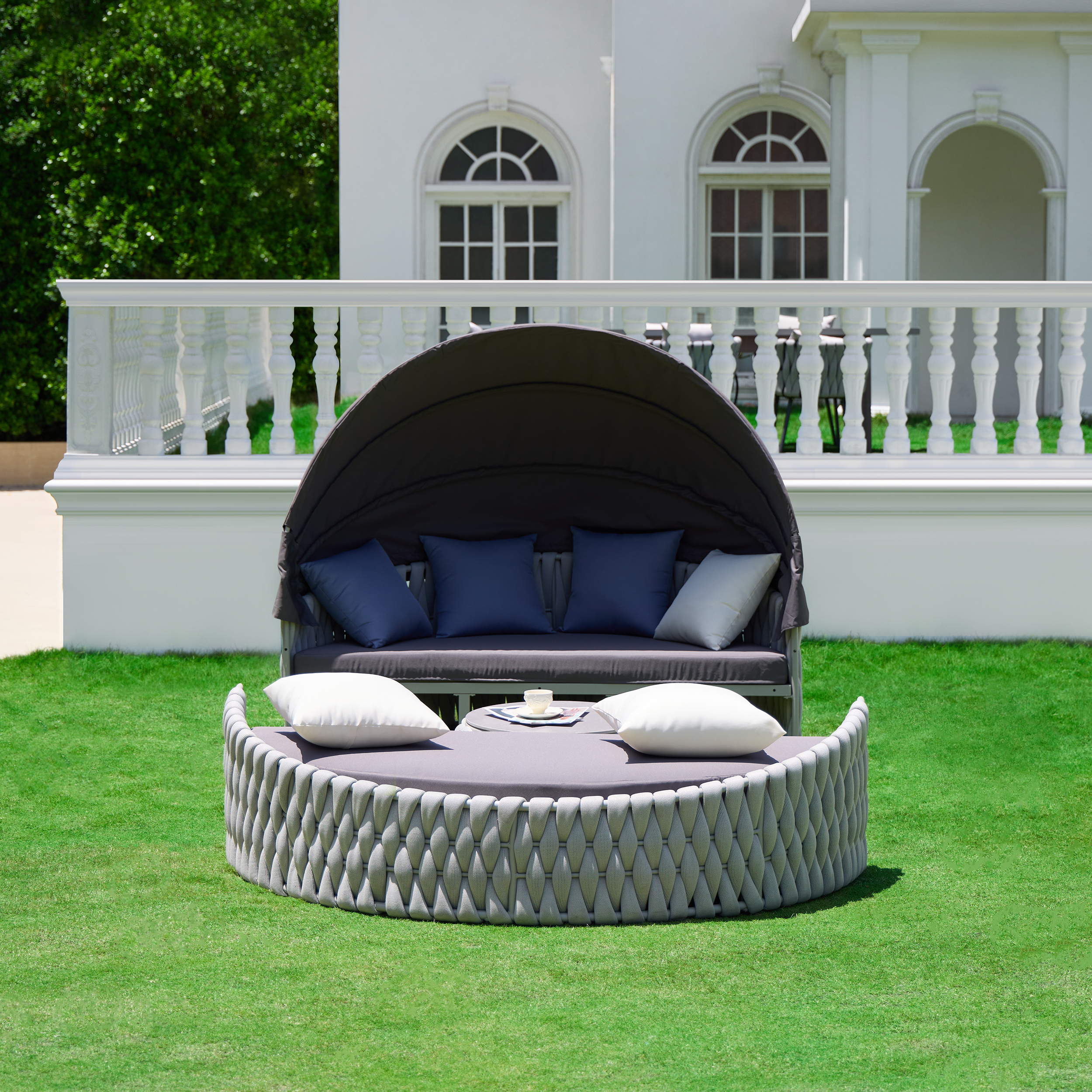 2 PCS Adjustable Patio Outdoor Daybed Round Sectional with Canopy Exterior Furniture in Gray Cushion & Pillow Included