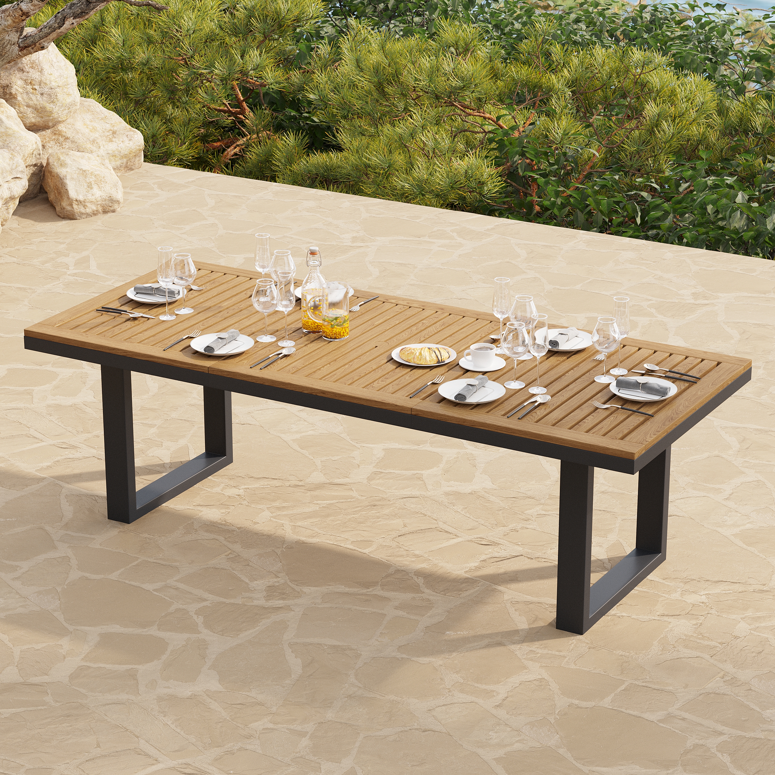 Rectangle Acacia Wood & Aluminum Outdoor Patio Dining Table Modern Yard & Patio Furniture for 6 - 8 Person Acacia & Aluminum Outdoor Dining Chair