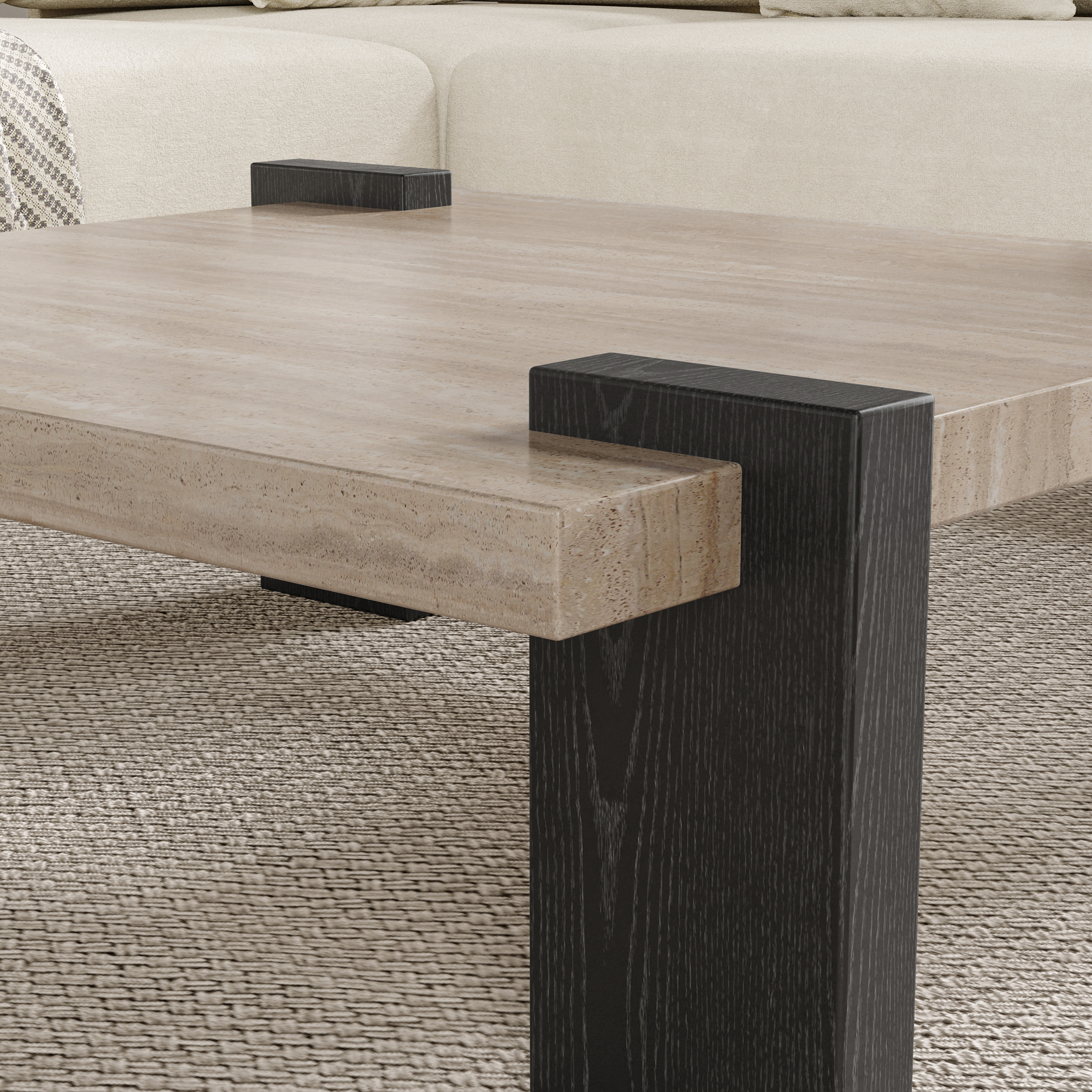 Modern Beige & Natural Travertine Top Coffee Table with Solid Wood Legs
